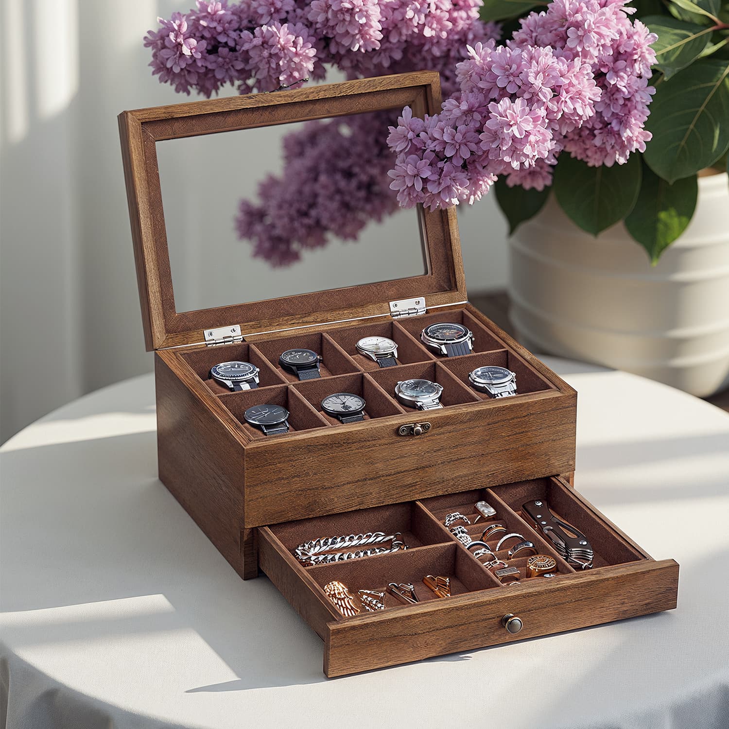 Watch Box Organizer - Solid Wood - Rustic Walnut - 2-Layer Design with Glass Lid and 8 Slots