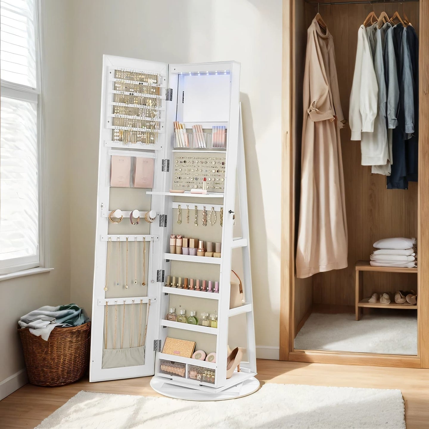 360° Rotating Jewellery Cabinet - Wood - White with Greige - Lockable with Full-Length Mirror and Multiple Storage Shelves