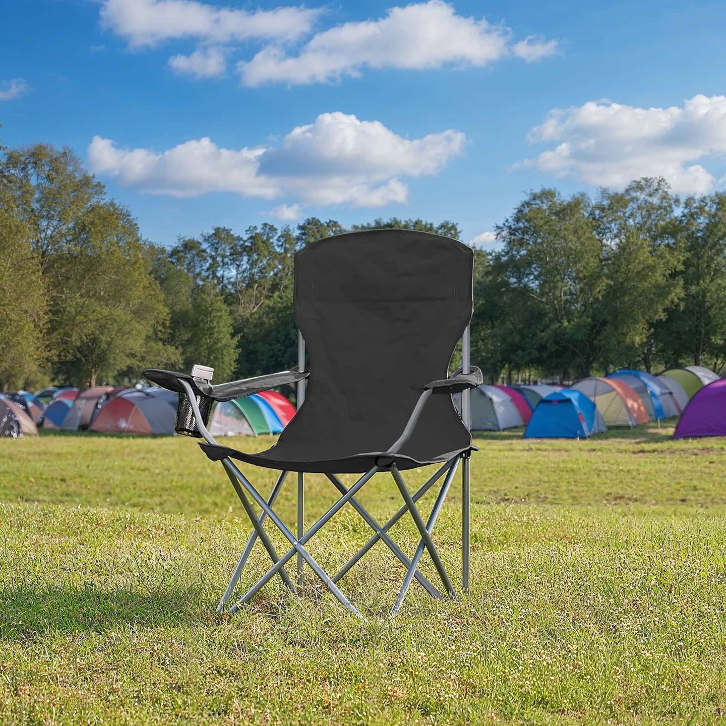 Set of 2 Heavy-Duty Folding Camping Chairs - Metal - Black - with Cup Holder