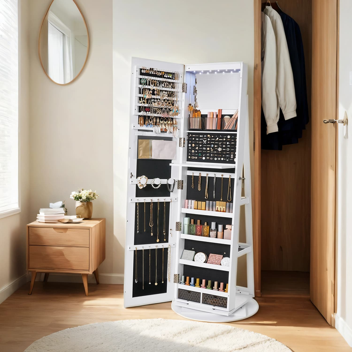 Lockable Jewellery Cabinet - Wood - White and Black - 360° Rotating with Full-Length Mirror and Storage Shelves