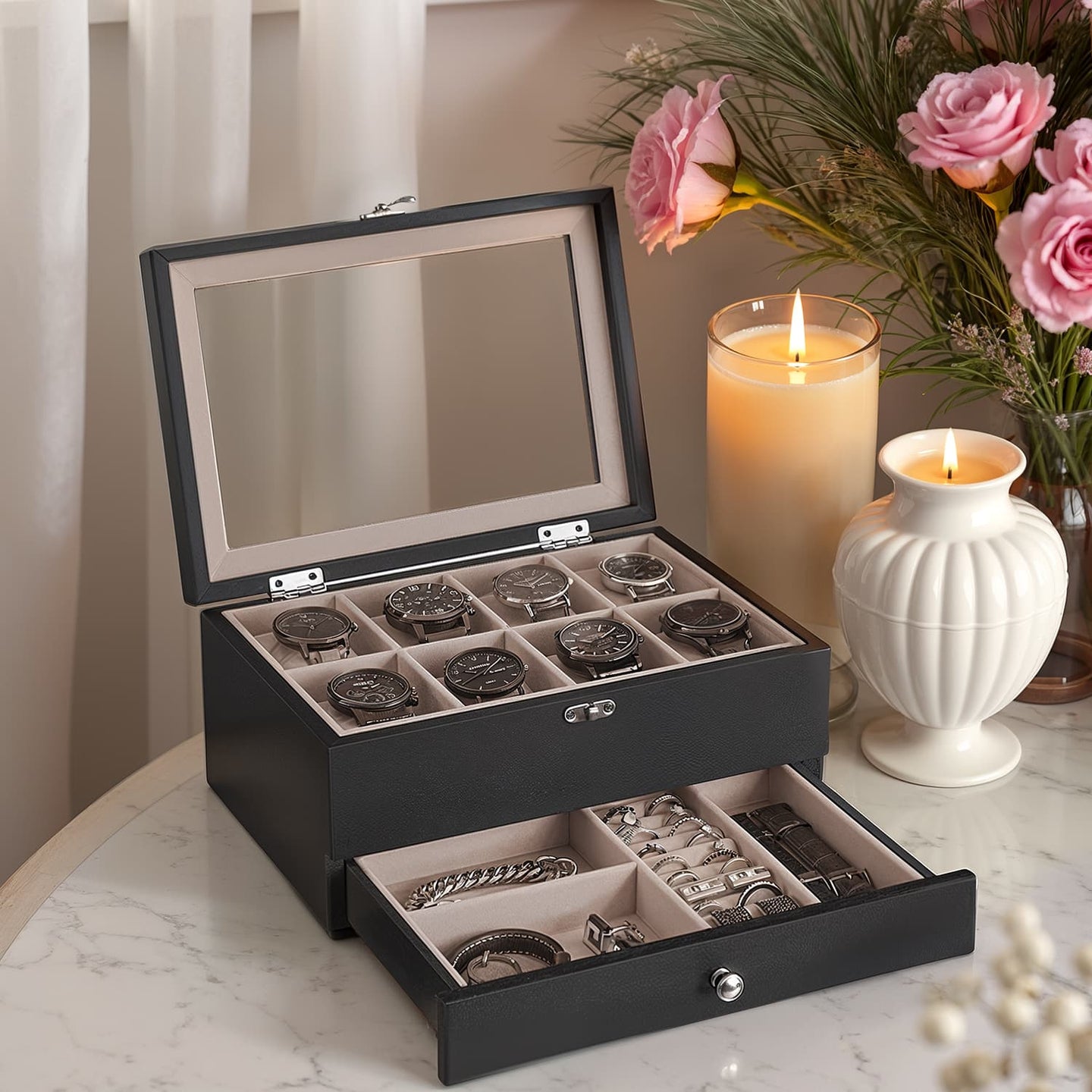 Wood Watch Box - Solid Wood - Rustic Walnut - 2-Tier Design with Glass Lid and 8 Slots