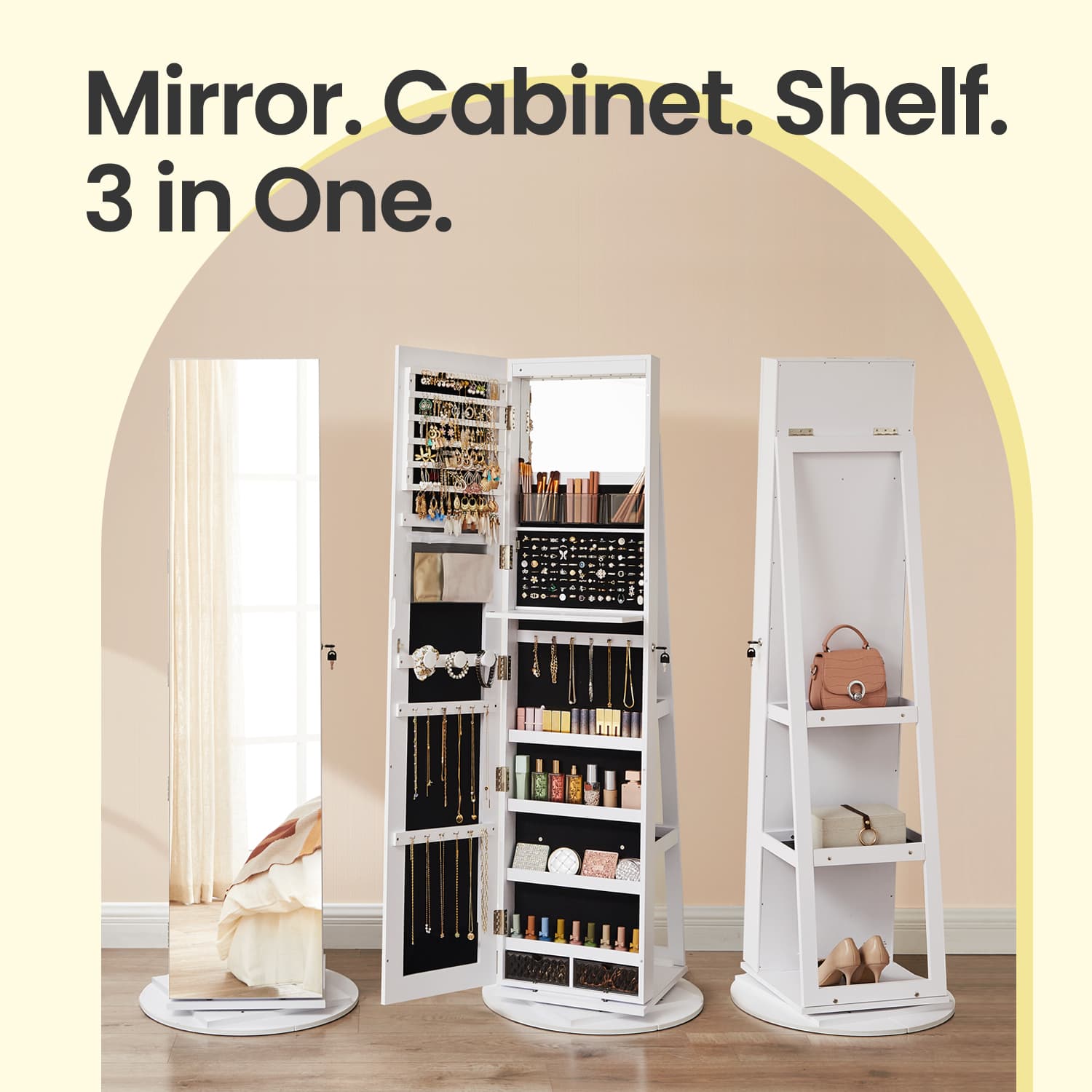 Lockable Jewellery Cabinet - Wood - White and Black - 360° Rotating with Full-Length Mirror and Storage Shelves