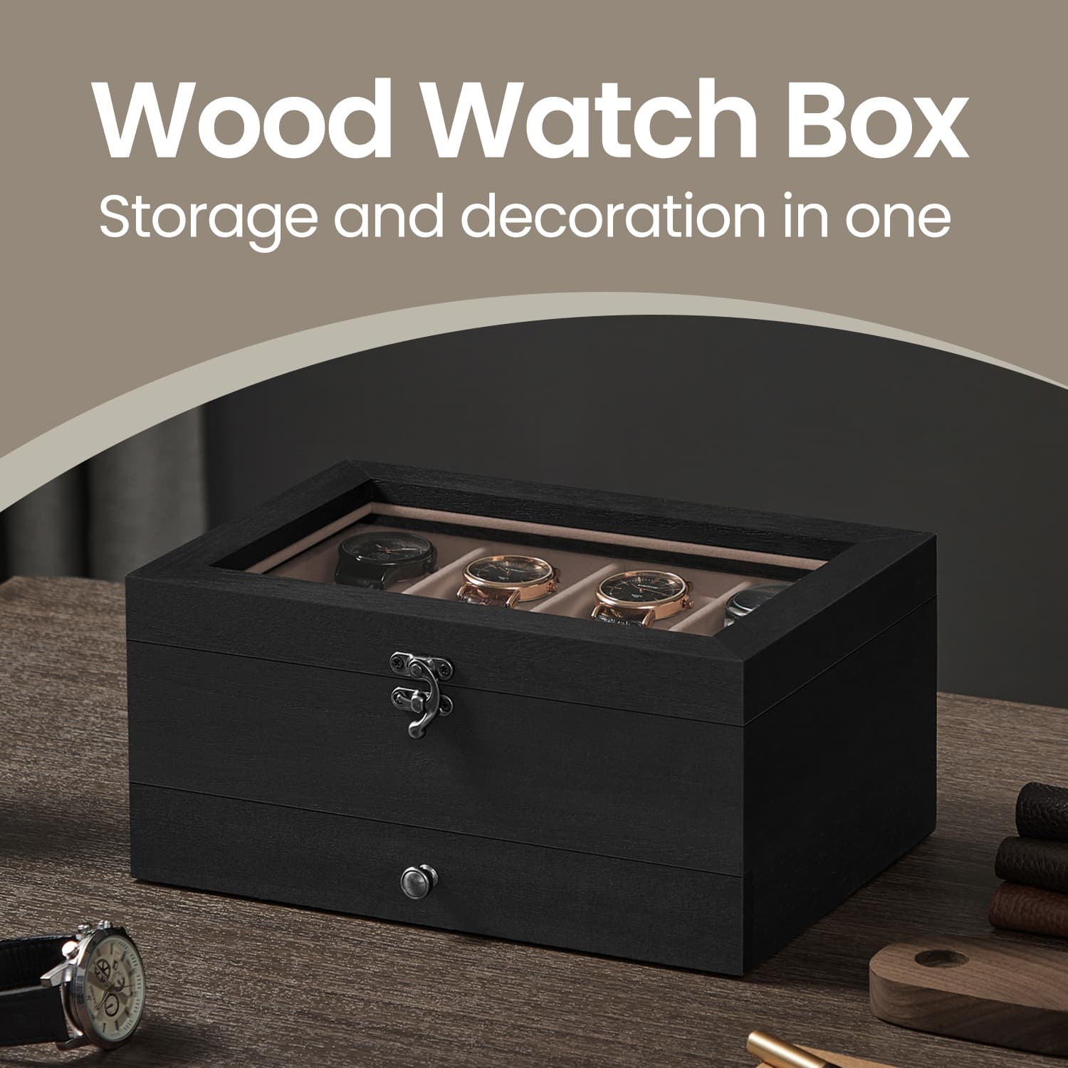 Wood Watch Box - Solid Wood - Rustic Walnut - 2-Tier Design with Glass Lid and 8 Slots