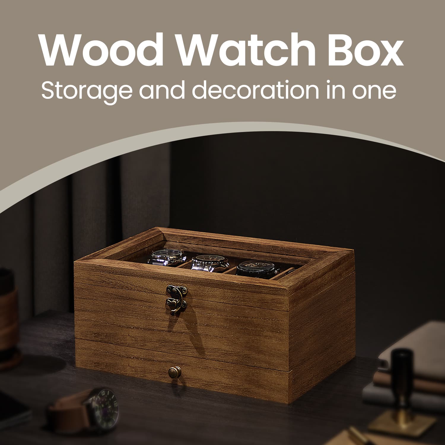 Watch Box Organizer - Solid Wood - Rustic Walnut - 2-Layer Design with Glass Lid and 8 Slots