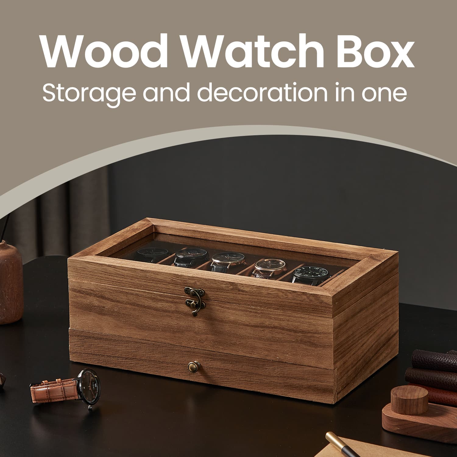 Watch Box - Wood - Rustic Walnut - 12-Slot
