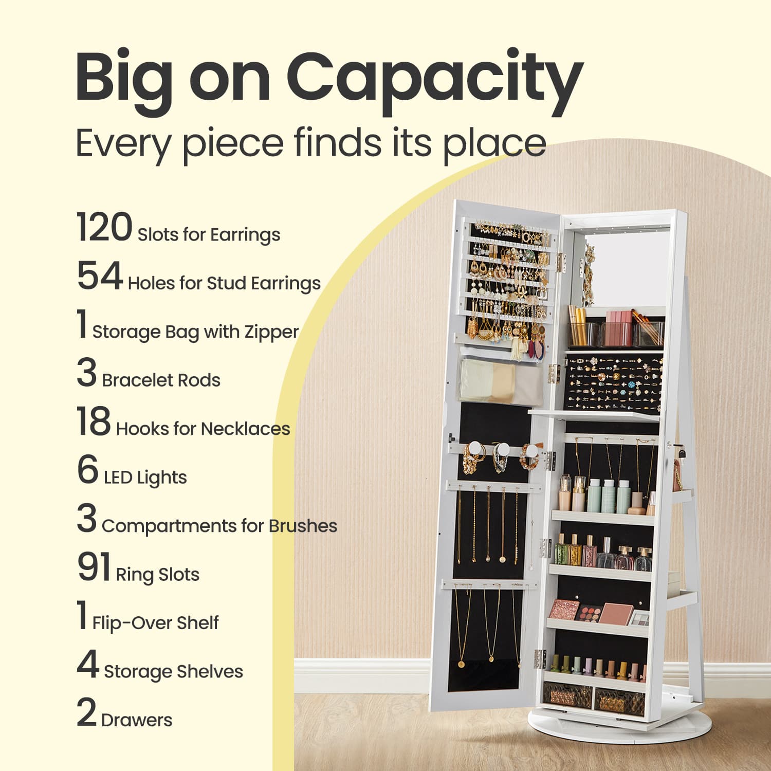 Lockable Jewellery Cabinet - Wood - White and Black - 360° Rotating with Full-Length Mirror and Storage Shelves