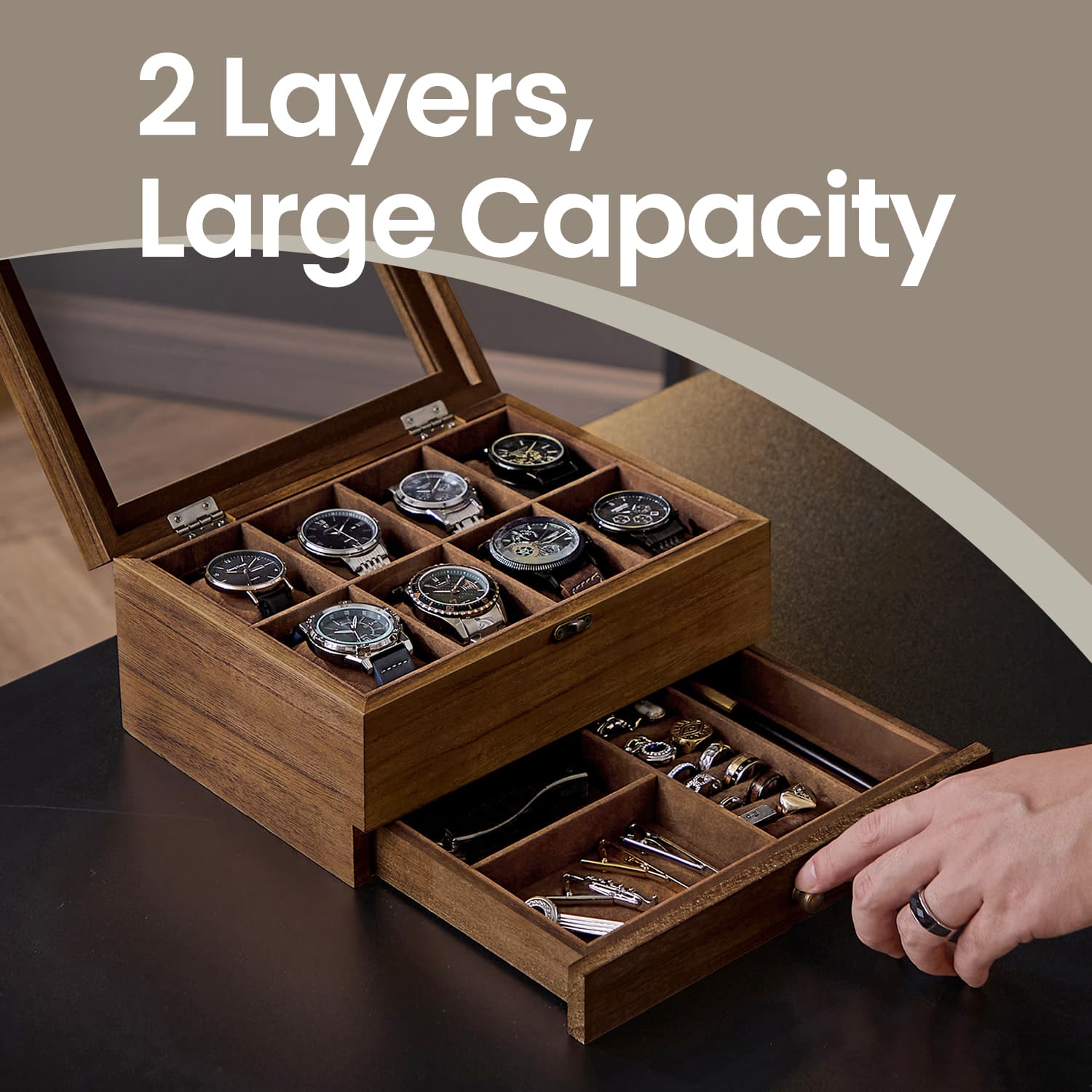 Watch Box Organizer - Solid Wood - Rustic Walnut - 2-Layer Design with Glass Lid and 8 Slots