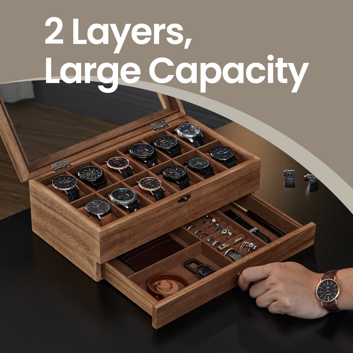Watch Box - Wood - Rustic Walnut - 12-Slot