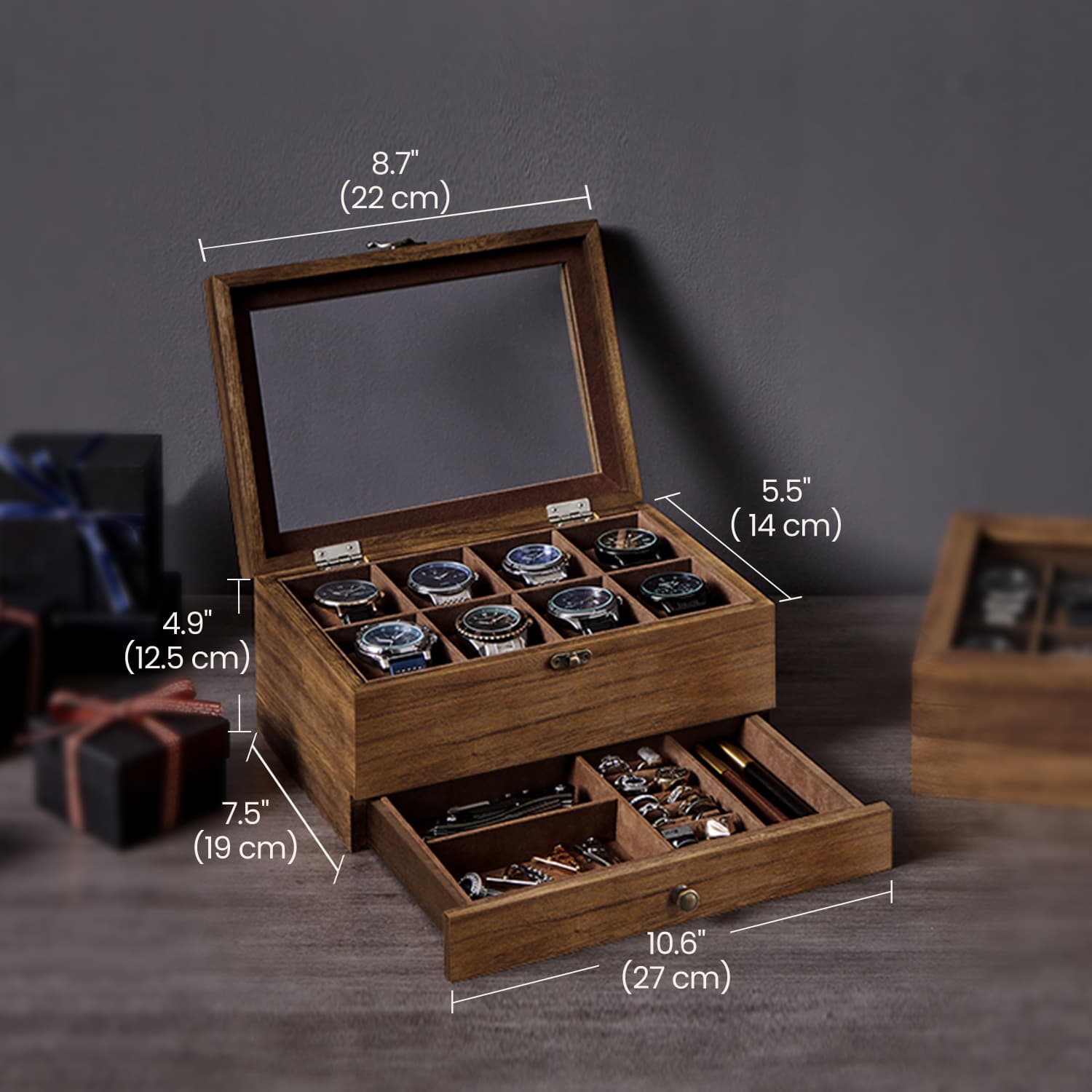 Watch Box Organizer - Solid Wood - Rustic Walnut - 2-Layer Design with Glass Lid and 8 Slots