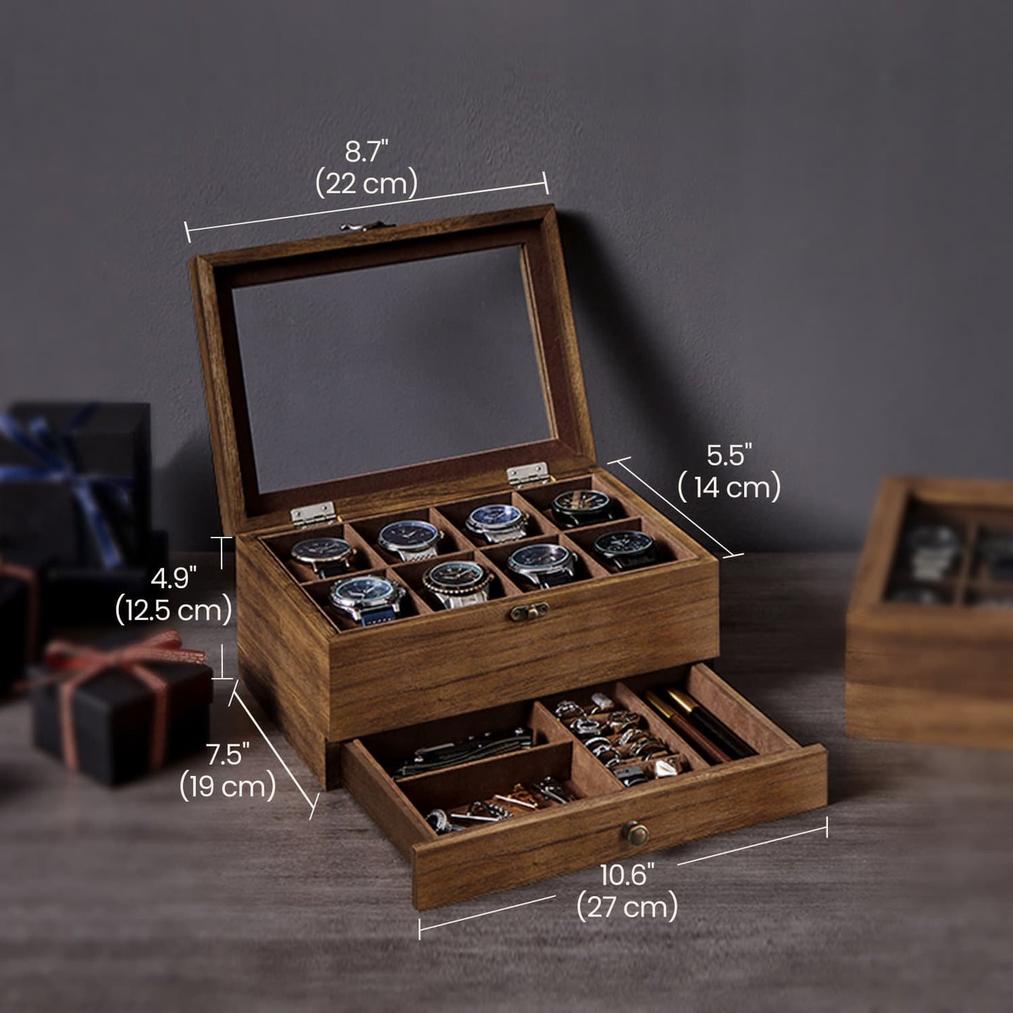Watch Box Organizer - Solid Wood - Rustic Walnut - 2-Layer Design with Glass Lid and 8 Slots