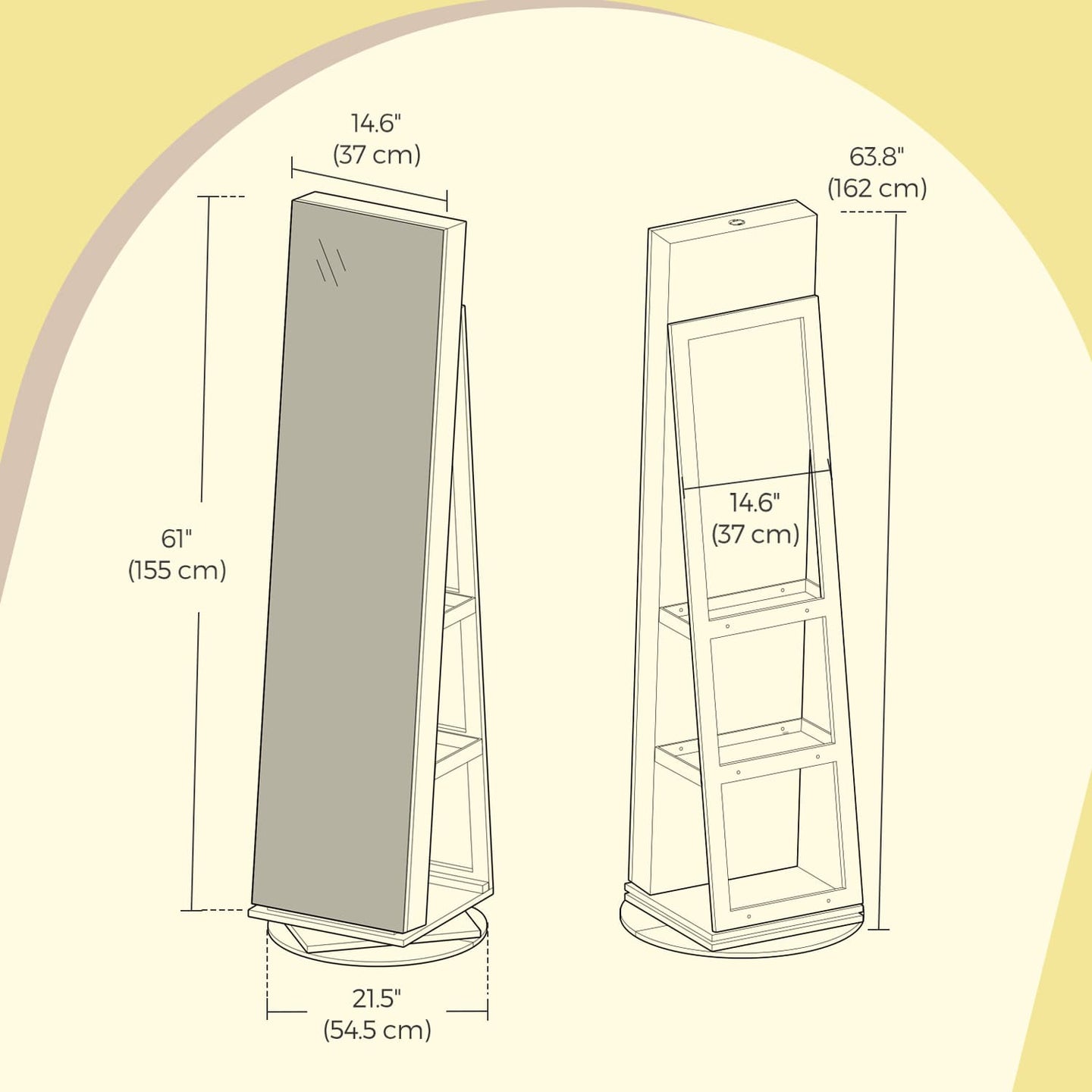 Lockable Jewellery Cabinet - Wood - White and Black - 360° Rotating with Full-Length Mirror and Storage Shelves