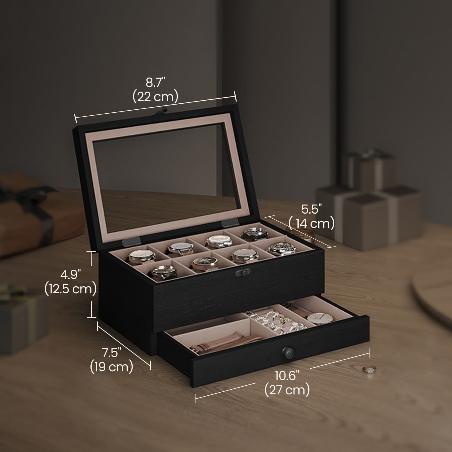 Wood Watch Box - Solid Wood - Rustic Walnut - 2-Tier Design with Glass Lid and 8 Slots