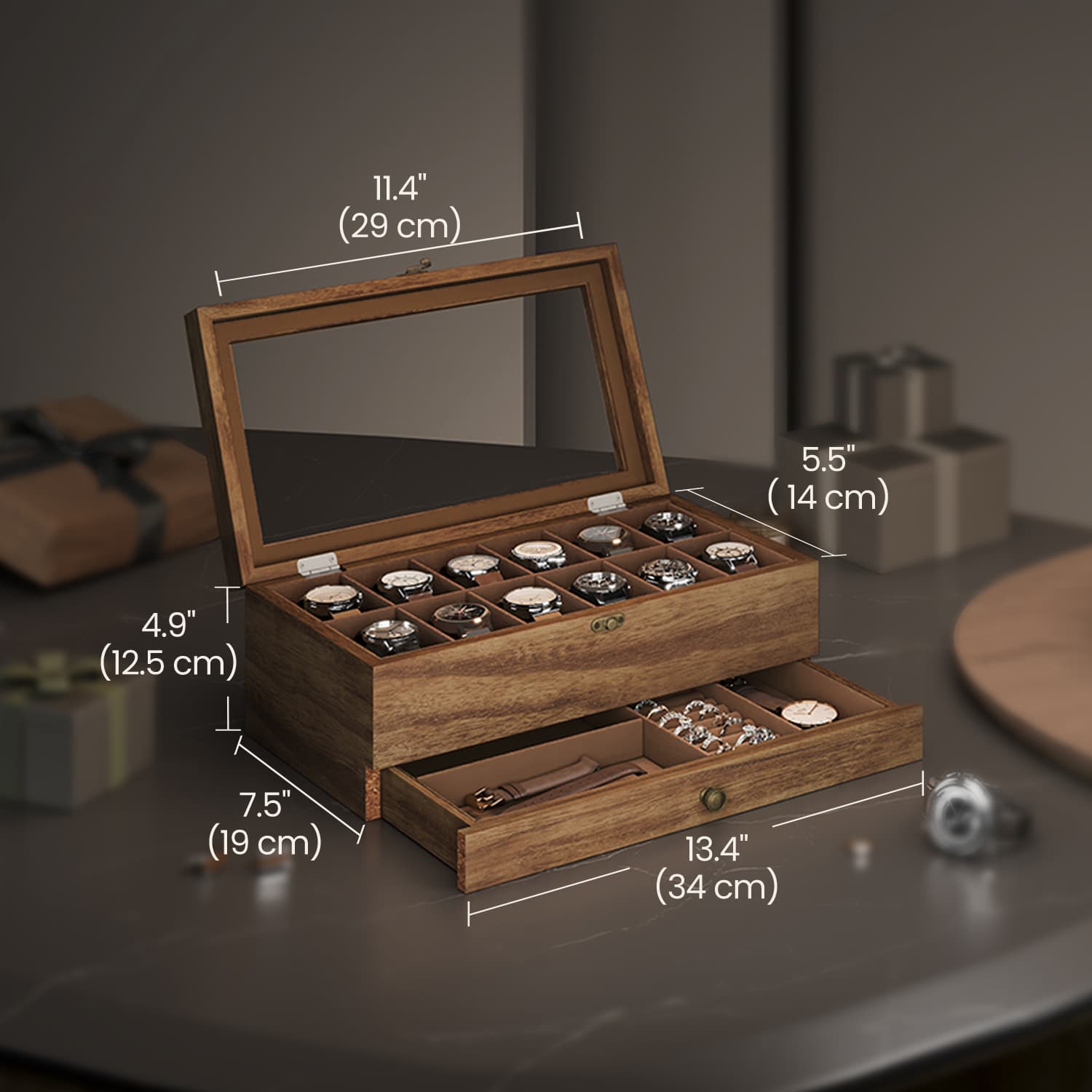 Watch Box - Wood - Rustic Walnut - 12-Slot