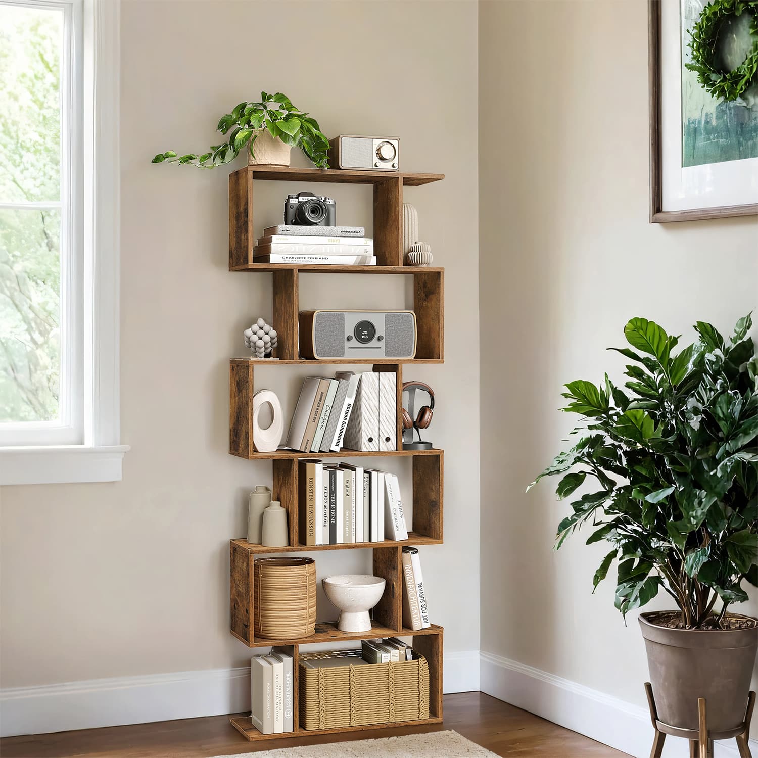 6-Tier Bookshelf - Wood - White - Freestanding Room Divider