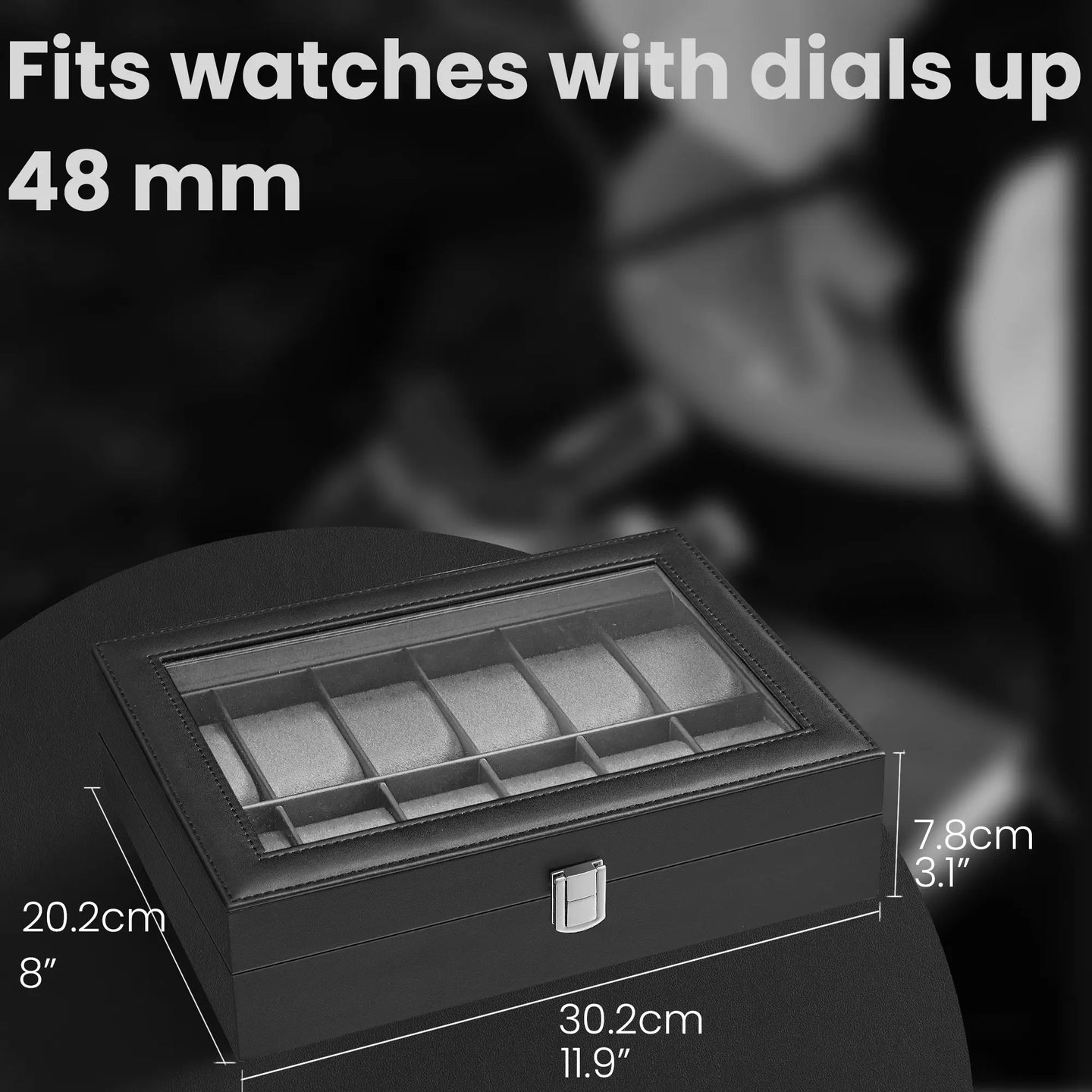 12-Slot Watch Box Organizer - Synthetic Leather - Black with Greenish Grey Lining - Large Glass Lid and Removable Watch Pillows