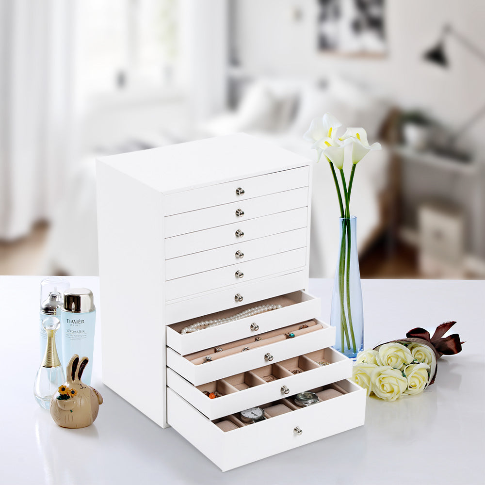 Jewellery Box - Faux Leather - White - Extra Large 10-Layer Storage with Drawer