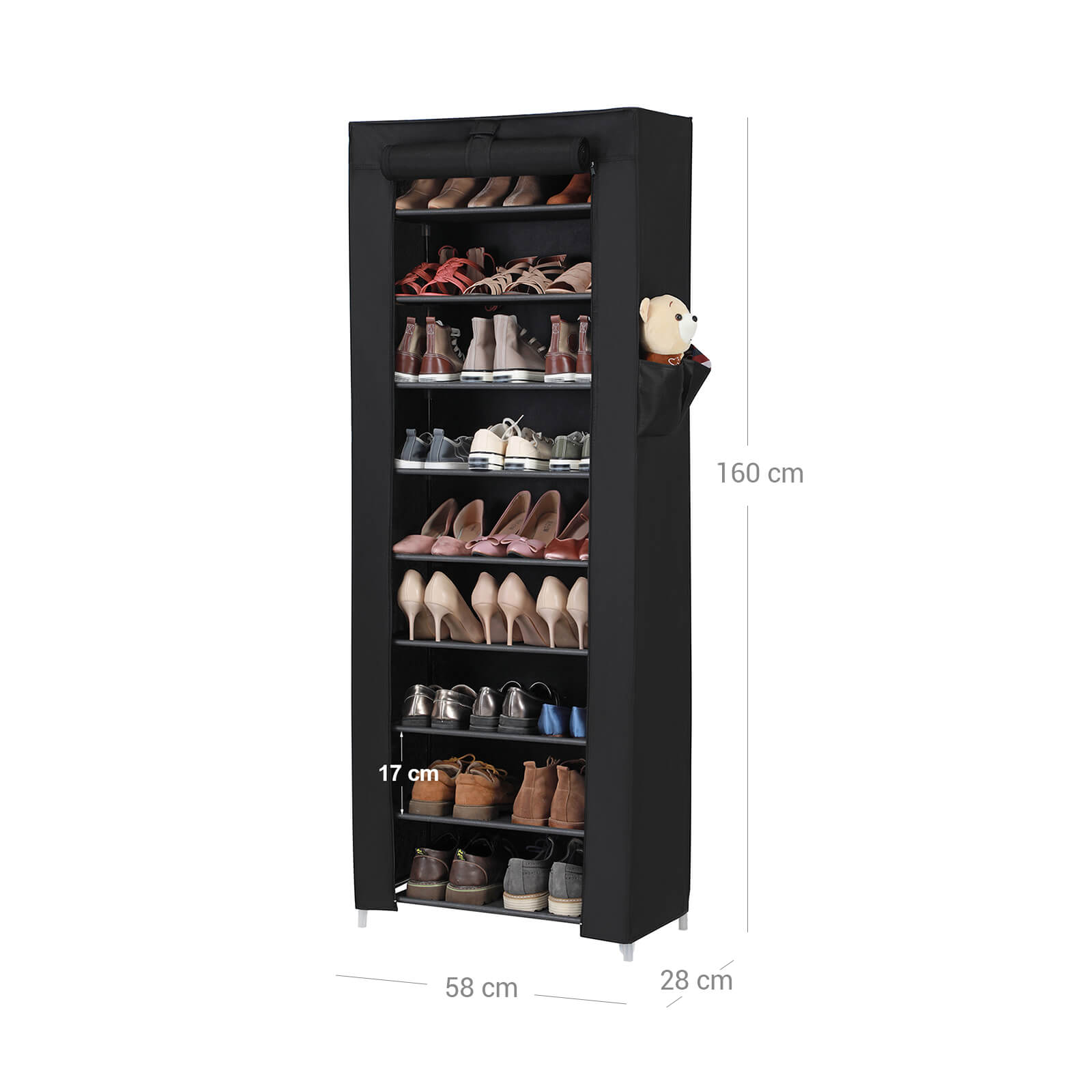Shoe Rack - Fabric - Black - 10 Tiers for 27 Pairs of Shoes