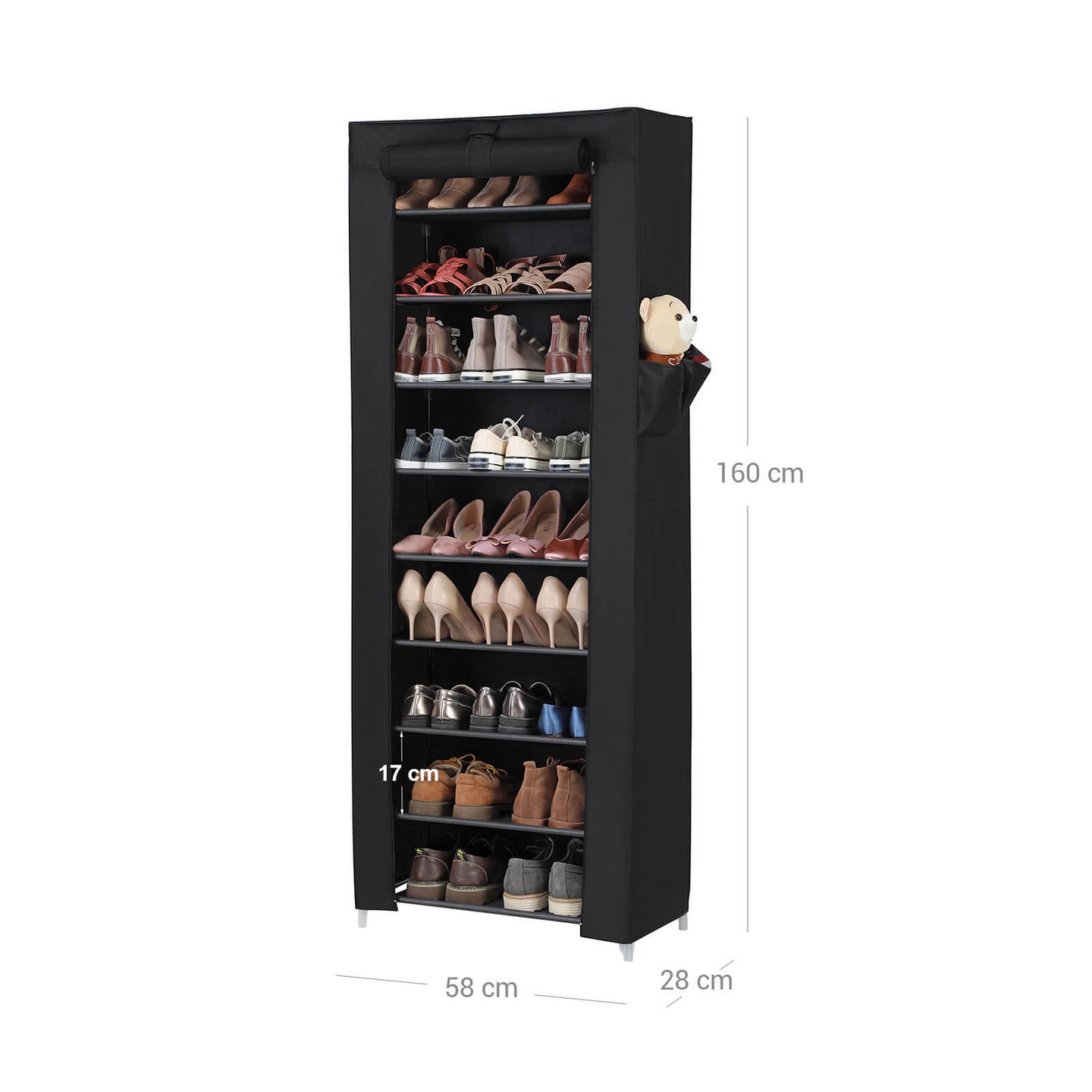 Shoe Rack - Fabric - Black - 10 Tiers for 27 Pairs of Shoes