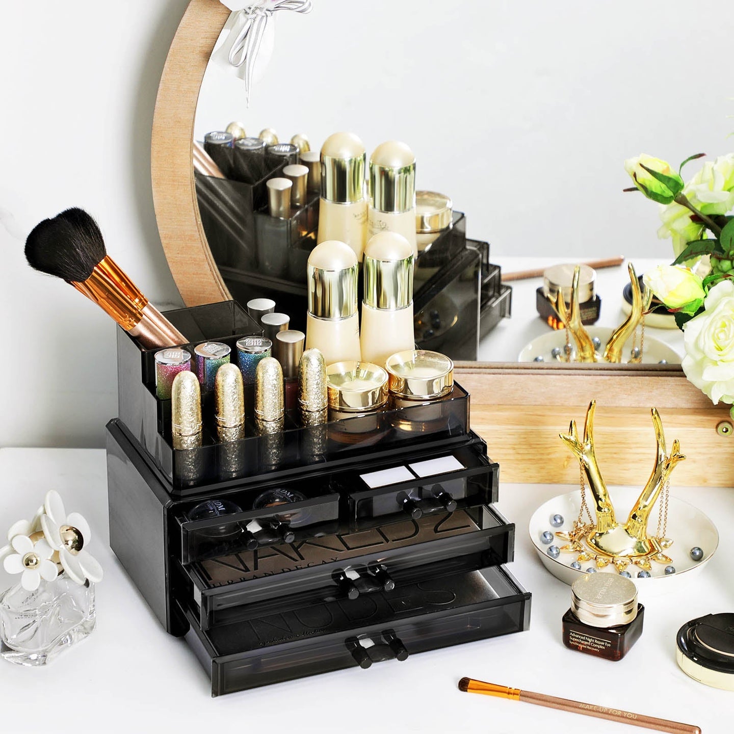 Cosmetic Makeup Storage Organiser - Plastic - Black - 4 Drawers with 11 Compartments