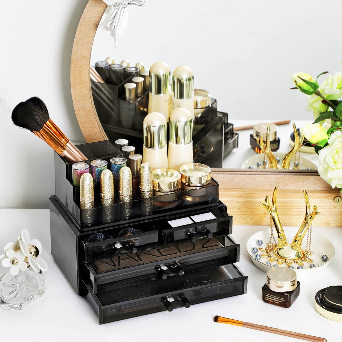 Cosmetic Makeup Storage Organiser - Plastic - Black - 4 Drawers with 11 Compartments