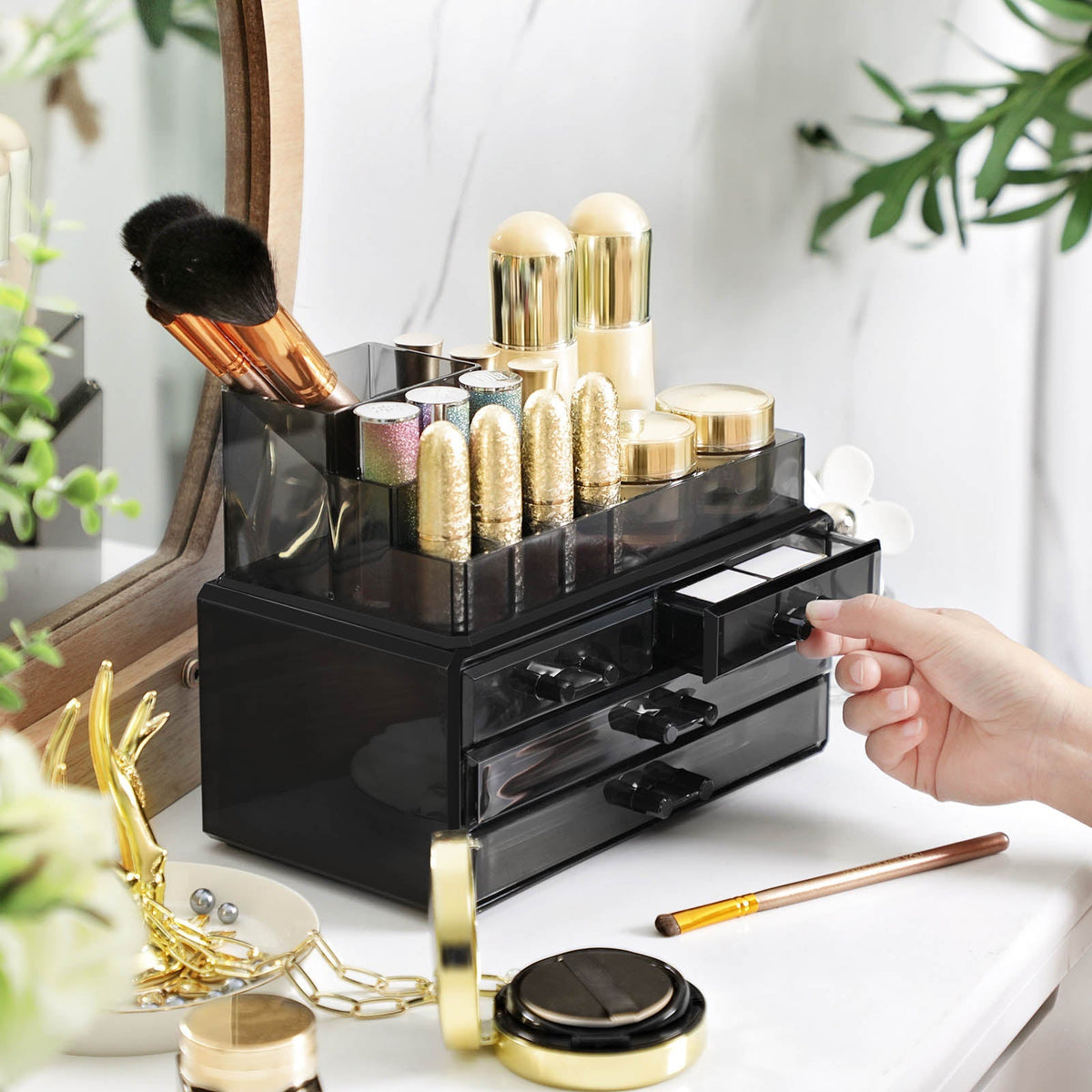 Cosmetic Makeup Storage Organiser - Plastic - Black - 4 Drawers with 11 Compartments
