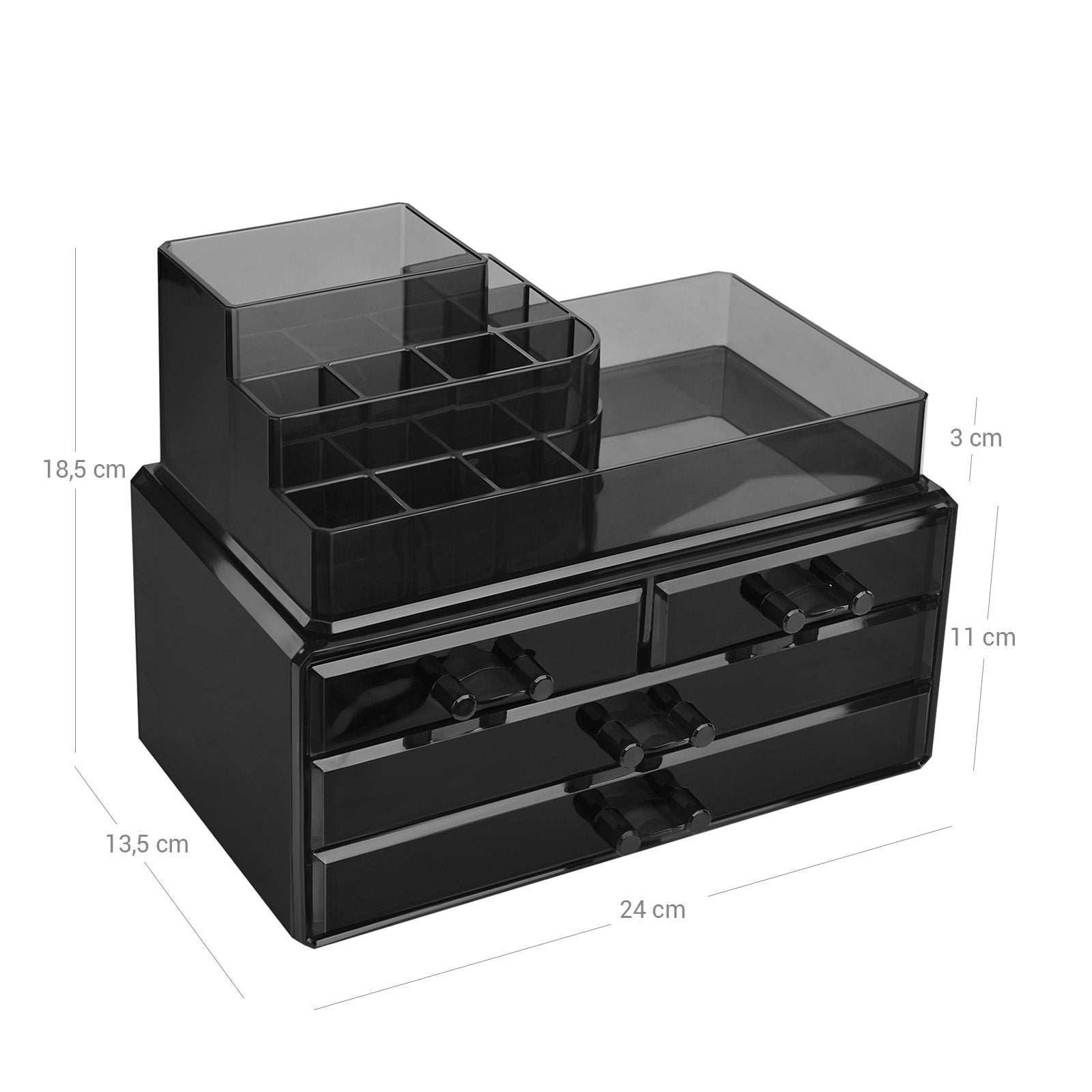 Cosmetic Makeup Storage Organiser - Plastic - Black - 4 Drawers with 11 Compartments