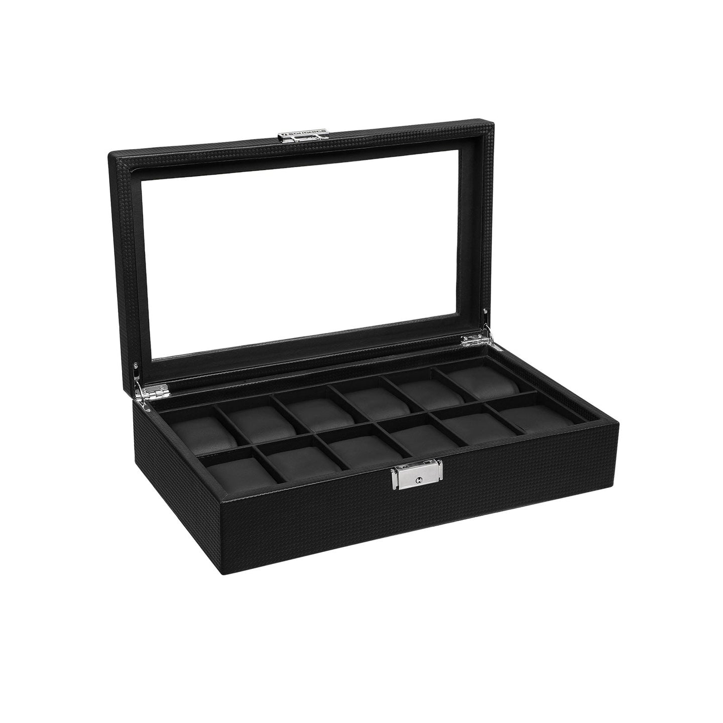 Large Watch Box - PU - Black - 12 Compartments with Glass Lid and Velvet Lining