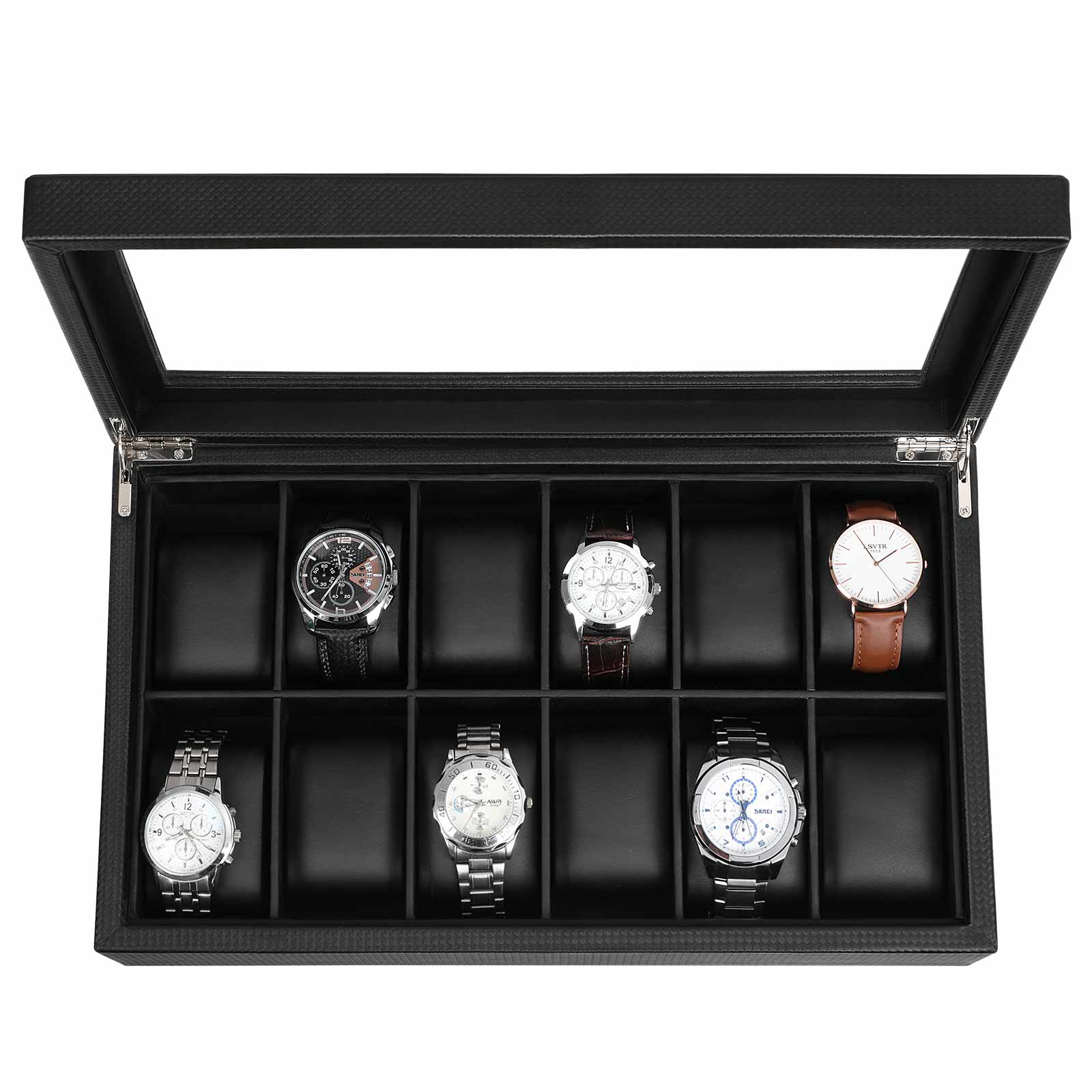 Large Watch Box - PU - Black - 12 Compartments with Glass Lid and Velvet Lining