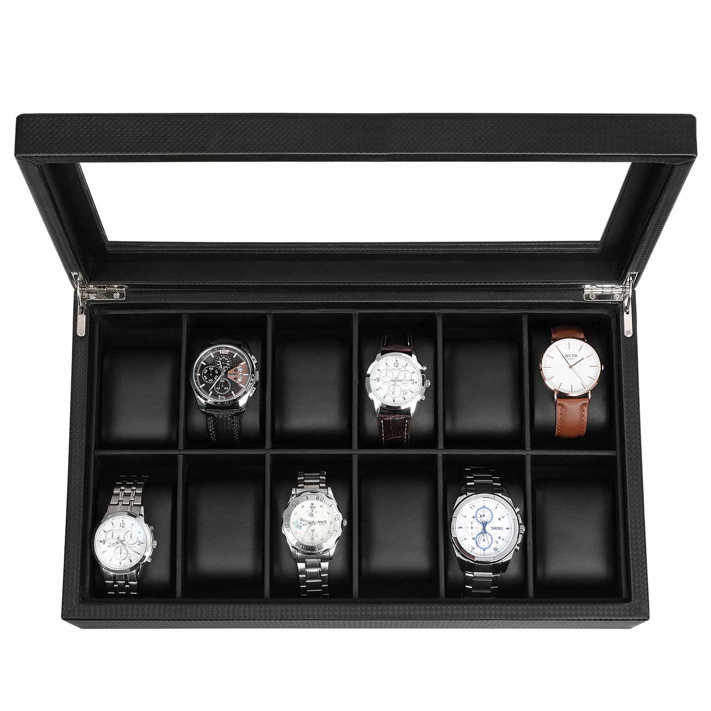 Large Watch Box - PU - Black - 12 Compartments with Glass Lid and Velvet Lining
