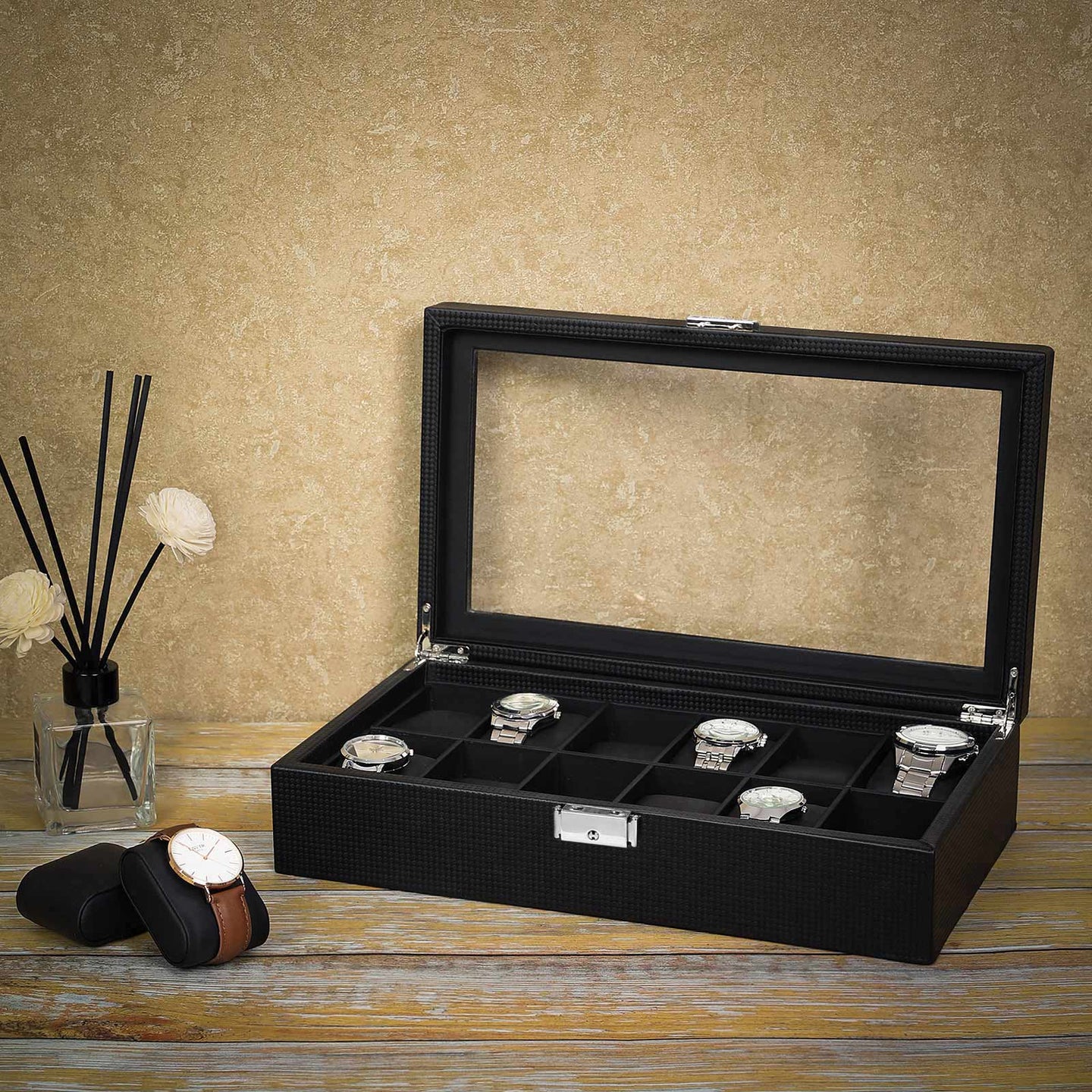 Large Watch Box - PU - Black - 12 Compartments with Glass Lid and Velvet Lining