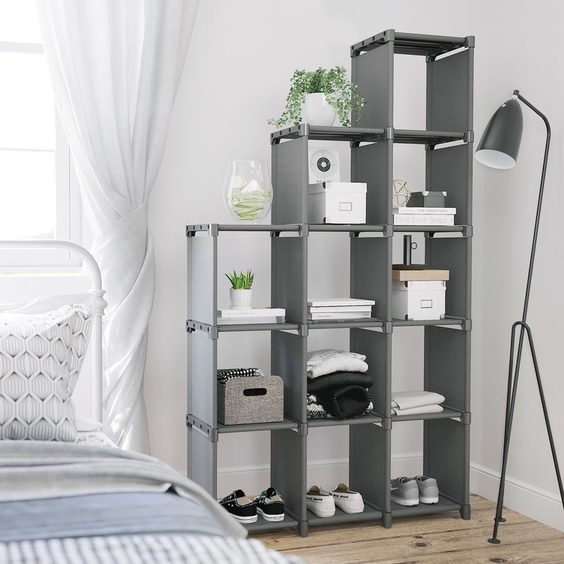 12-Cube Storage Shelf - MDF - Black - Versatile Closet Organizer with Bonus Rubber Mallet