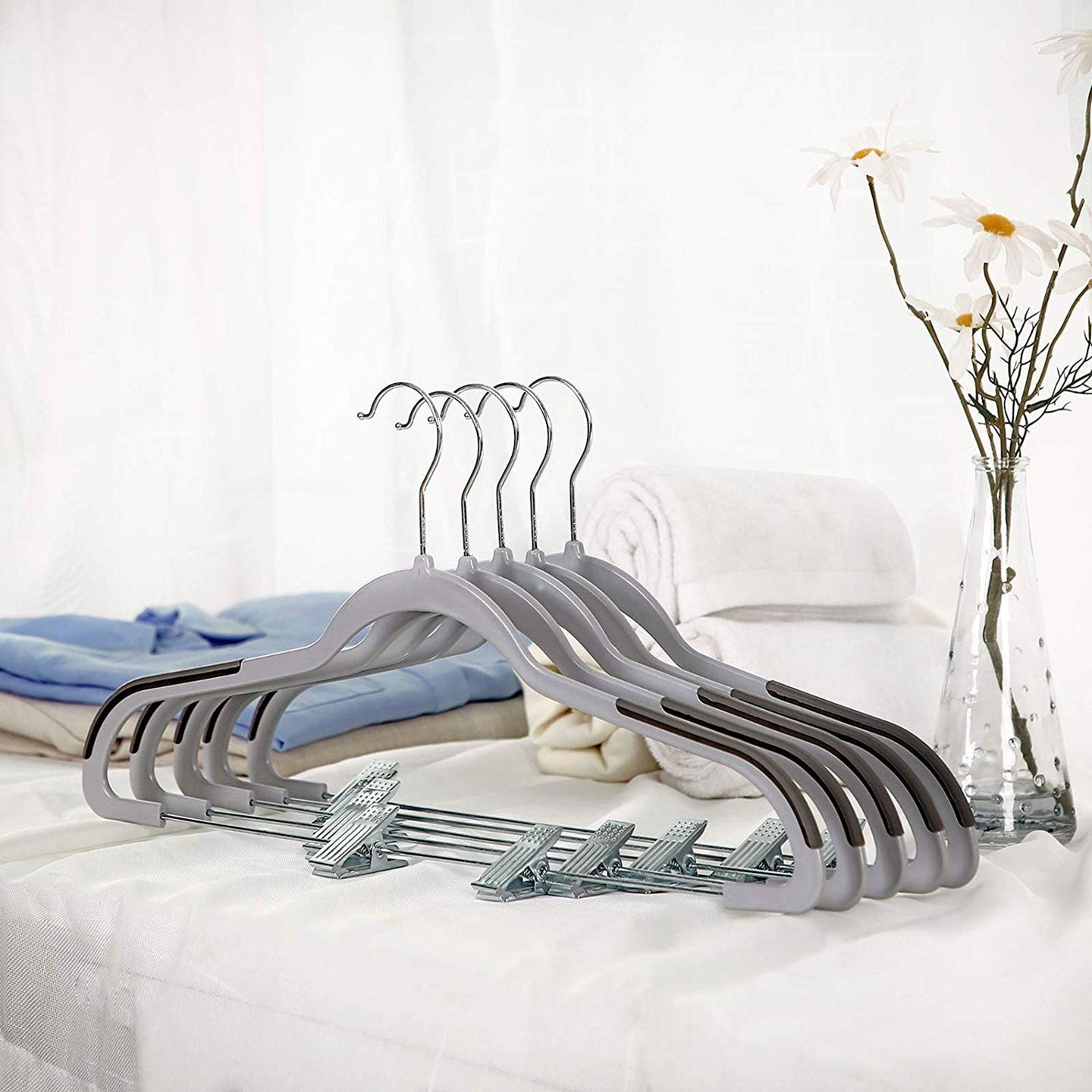 Trousers Hangers - Premium Quality Plastic - Grey - Non-slip Clips