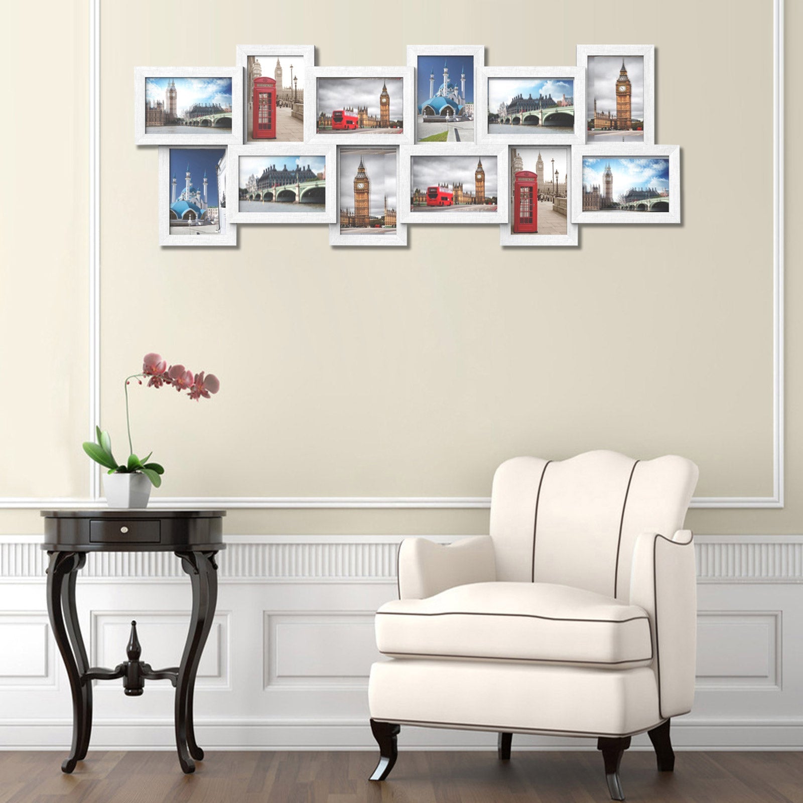 Photo Frame Collage - Wood - White - Holds 12 Photos (4" x 6") Wall Mounted