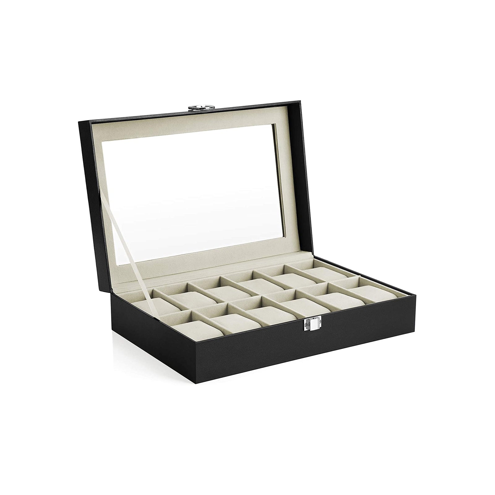 Watch Case - Faux Leather - Black - 12-Slot with Glass Lid and Velvet Lining