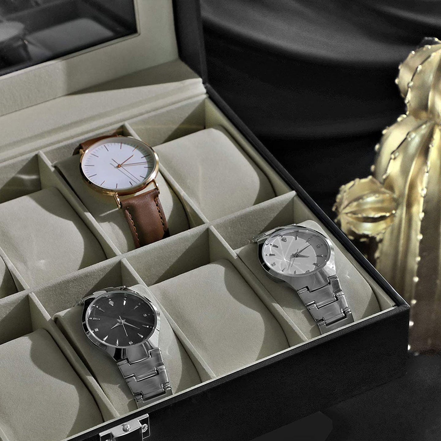 Watch Case - Faux Leather - Black - 12-Slot with Glass Lid and Velvet Lining