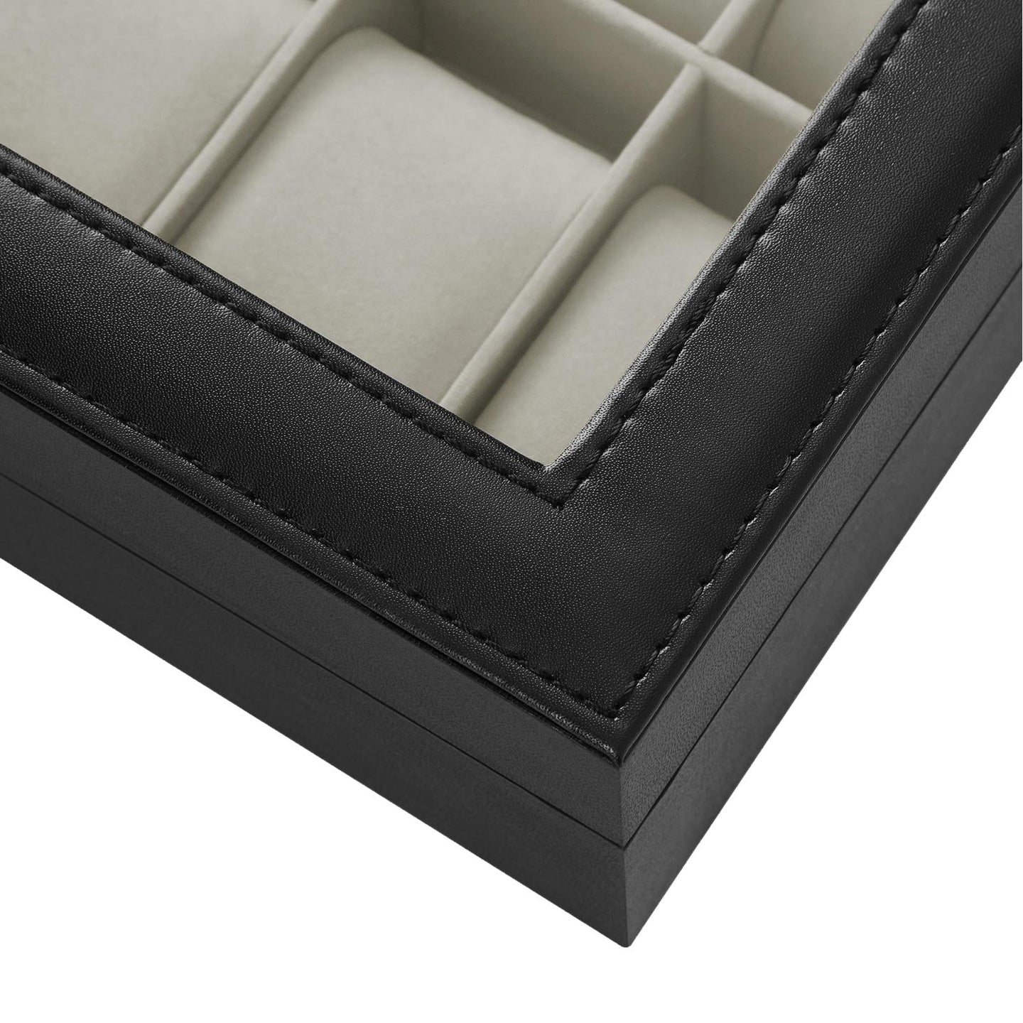 Watch Case - Faux Leather - Black - 12-Slot with Glass Lid and Velvet Lining