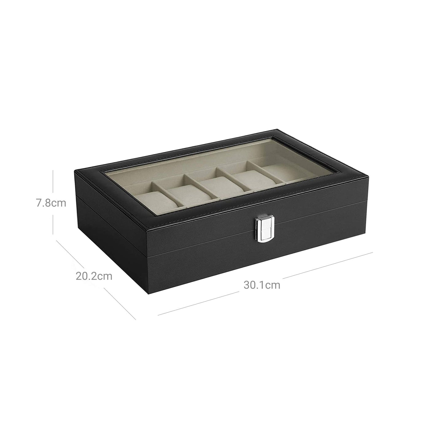 Watch Case - Faux Leather - Black - 12-Slot with Glass Lid and Velvet Lining