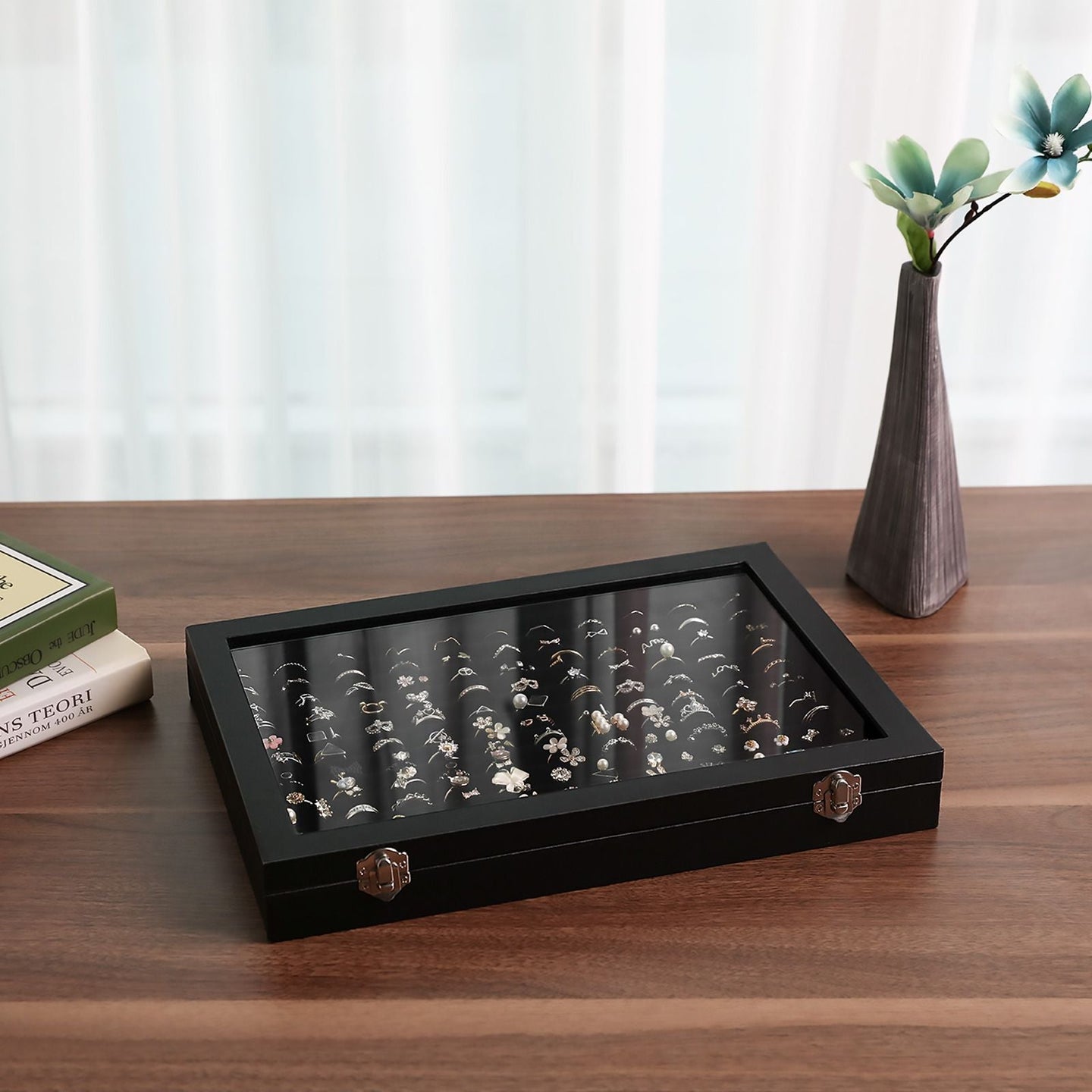 Jewellery Box - Wood - Black - 12 Slots for Rings Display