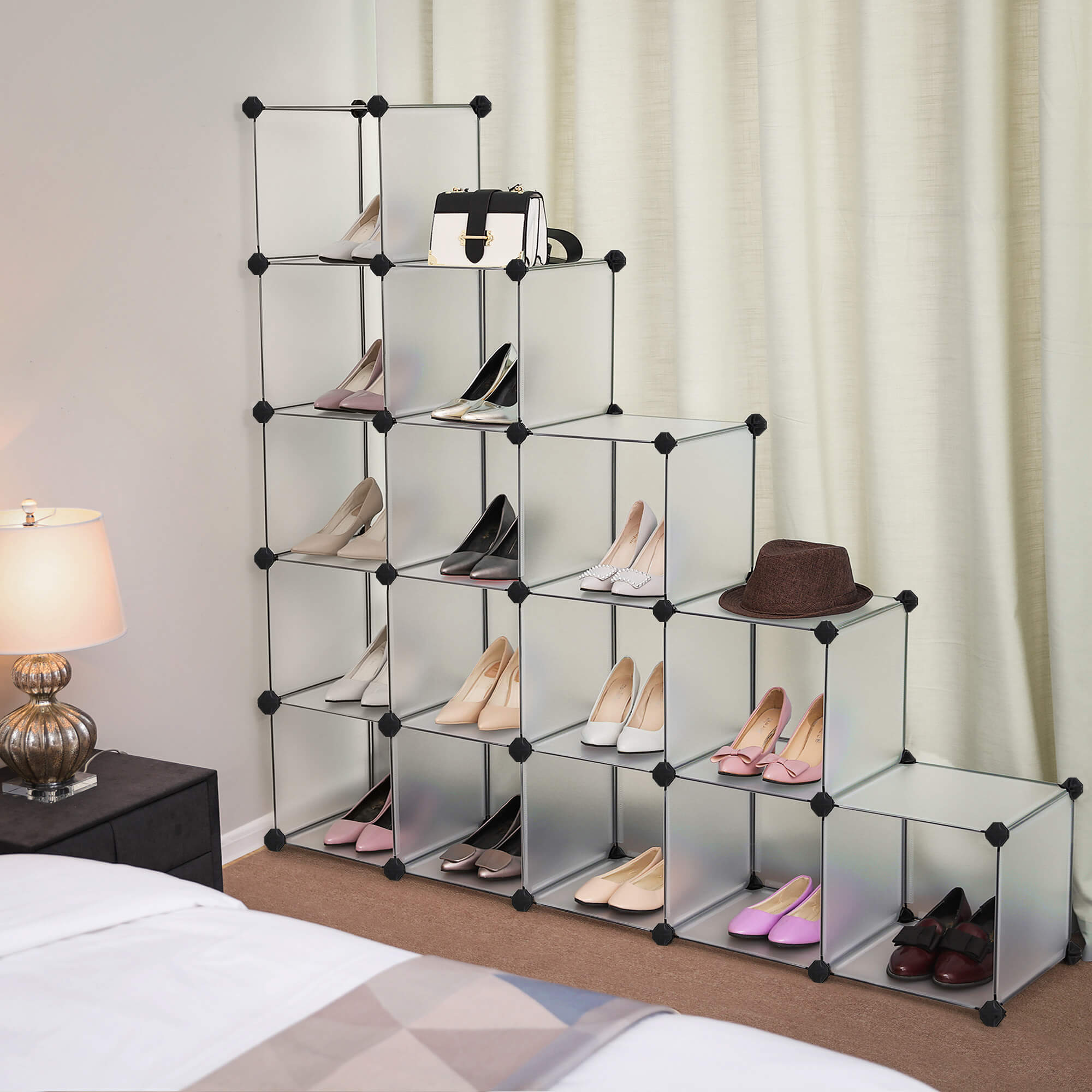 Shoe Rack - Plastic - Translucent White - Modular Interlocking 16-Cube Storage Unit