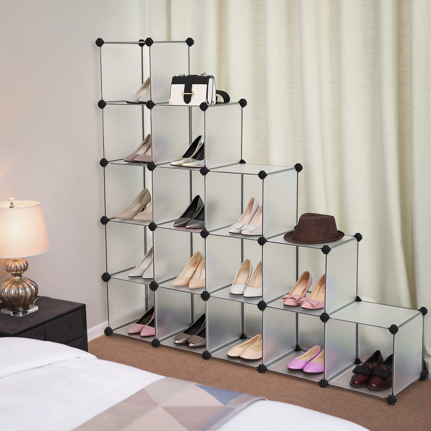 Shoe Rack - Plastic - Translucent White - Modular Interlocking 16-Cube Storage Unit