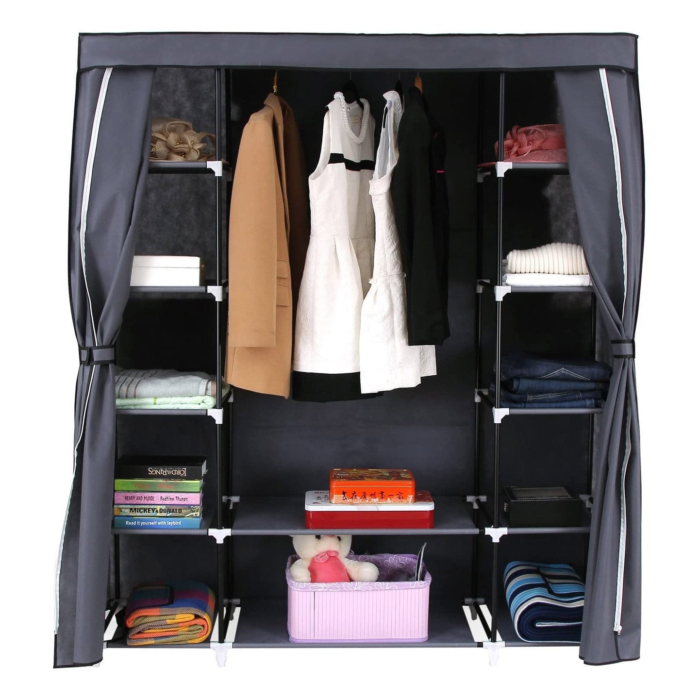 Wardrobe - Canvas - Grey - Clothes Hanging Rail with Storage Shelves