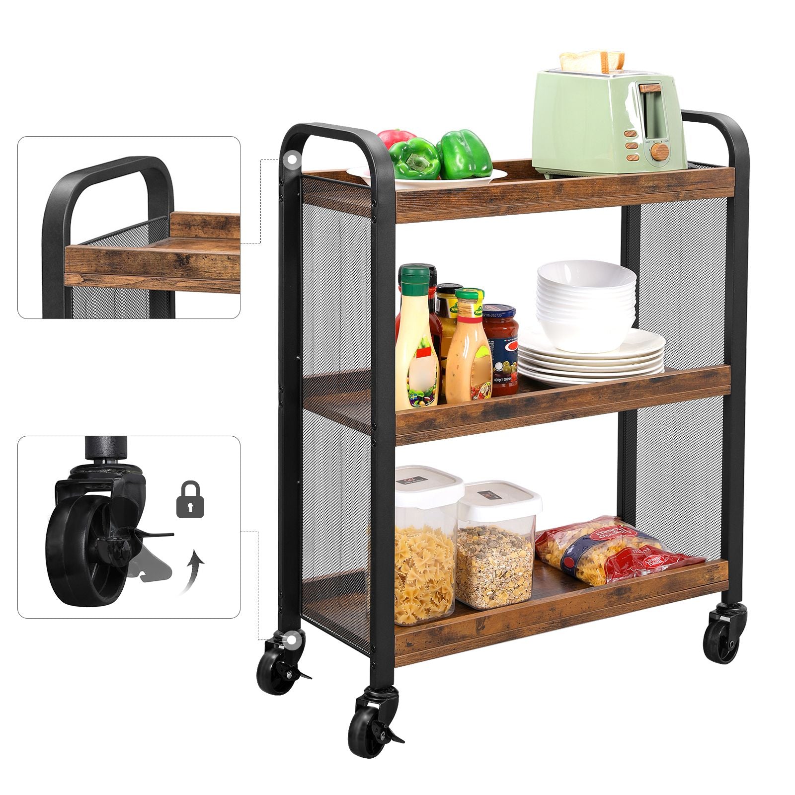 Rolling Kitchen Cart - Steel - Rustic Brown - Space-Saving with Universal Castors