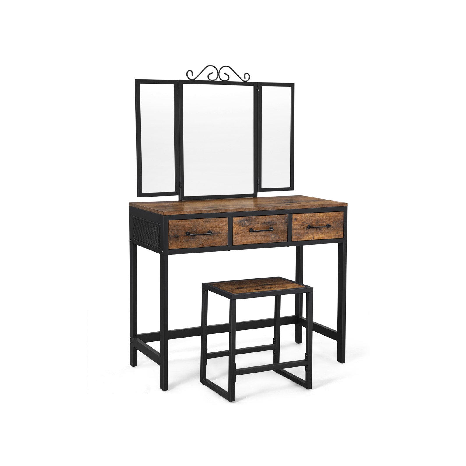 Vanity Table Set - Steel Frame - Rustic Brown and Black - Tri-Fold Mirror