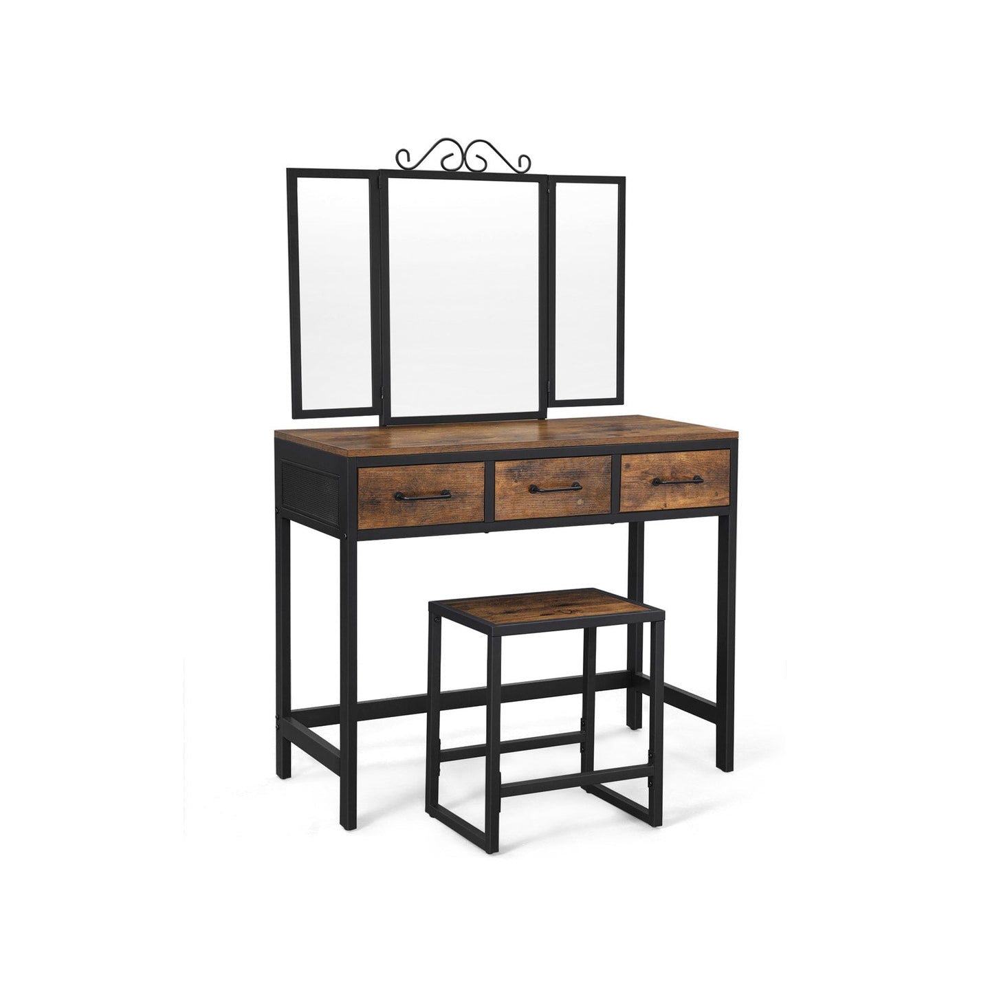 Vanity Table Set - Steel Frame - Rustic Brown and Black - Tri-Fold Mirror