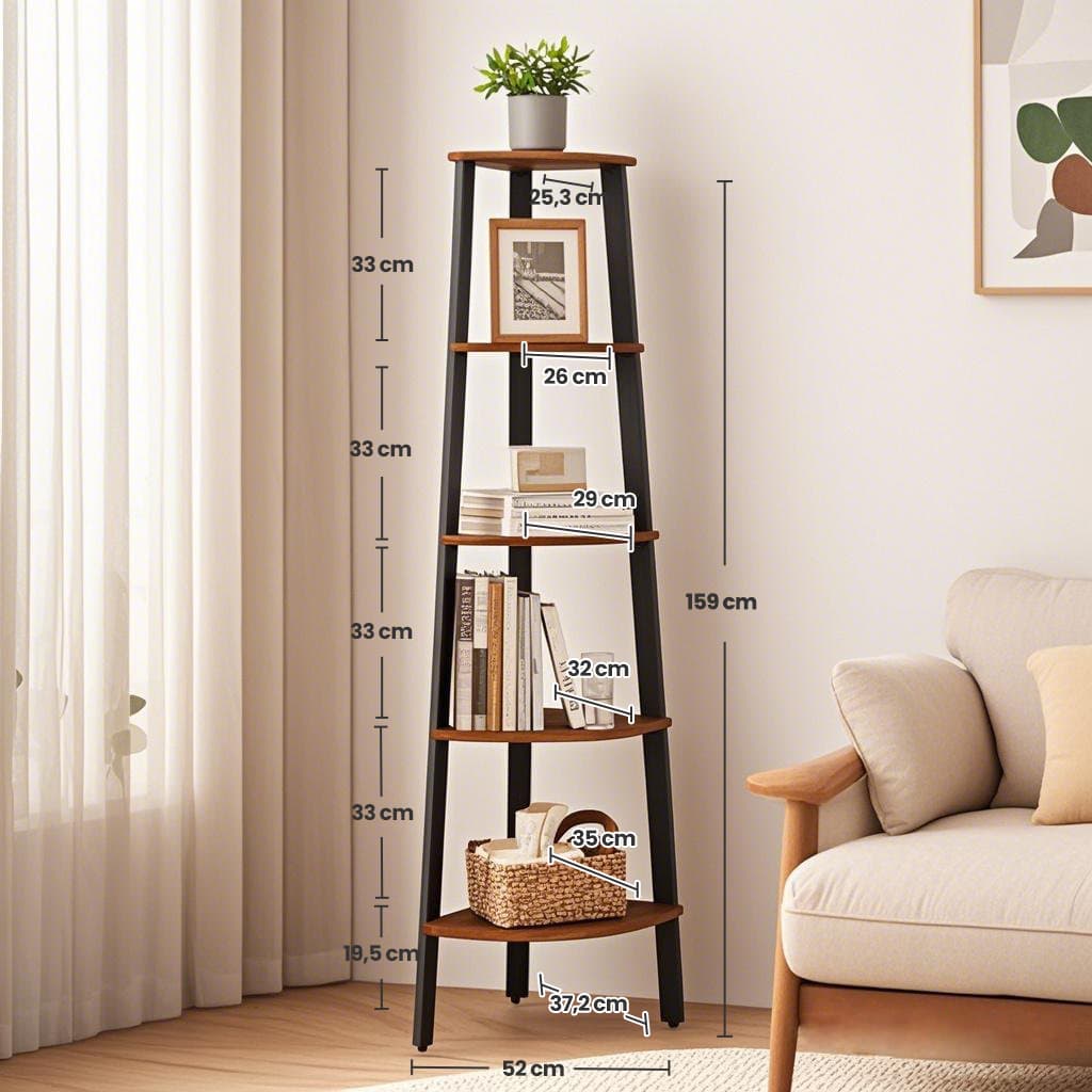 Corner Shelf Unit - Metal - Rustic Brown - 5-Tier Ladder Design for Living Room and Office