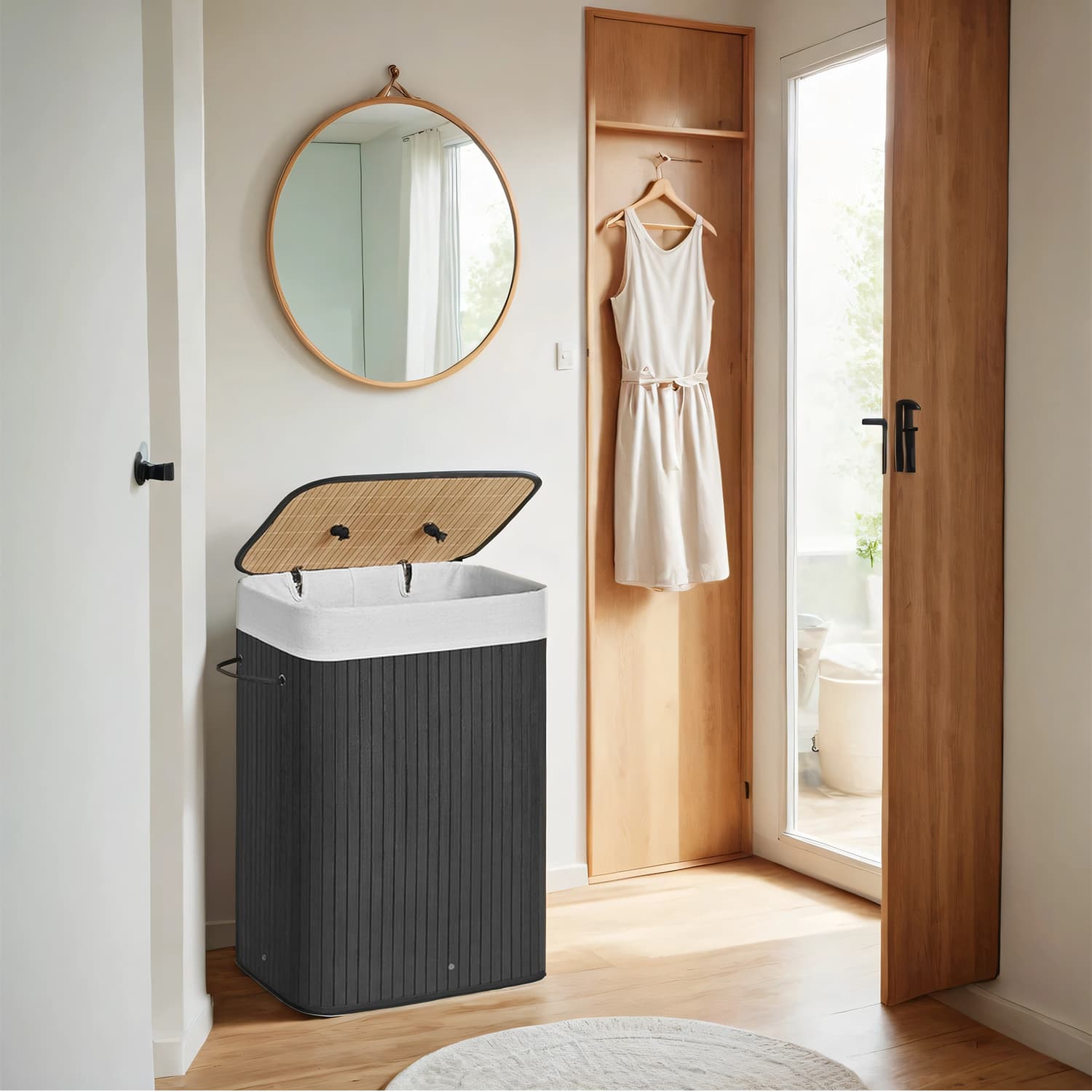 Foldable Laundry Hamper - Bamboo - Natural - 72 L Capacity with Lid and 3 Handles