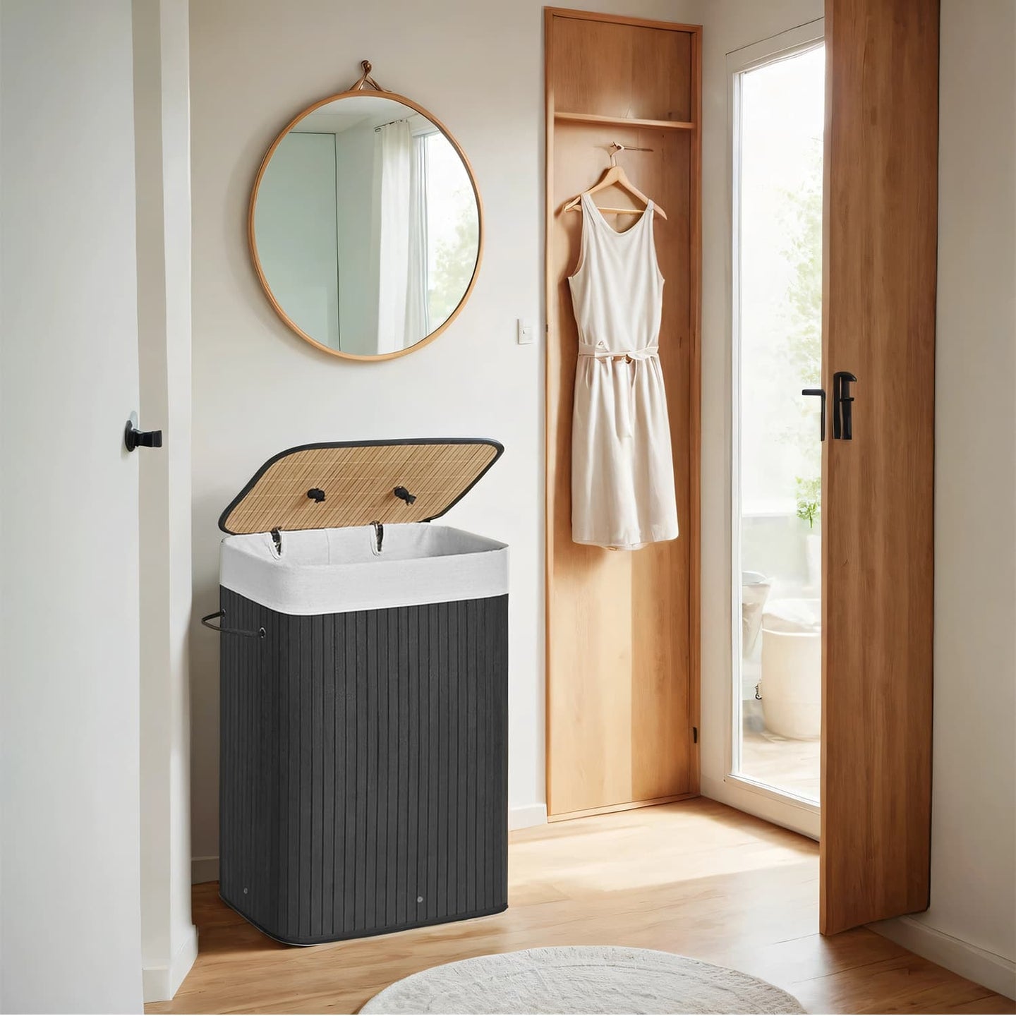 Foldable Laundry Hamper - Bamboo - Natural - 72 L Capacity with Lid and 3 Handles