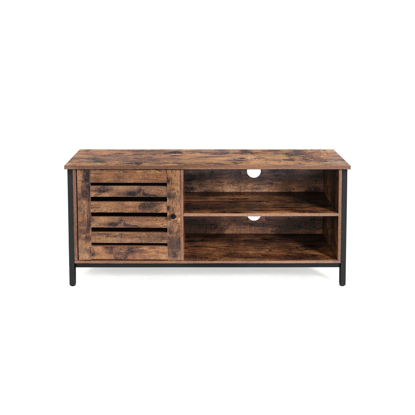 TV Cabinet - Wood - Rustic Brown and Black - Louvred Door with 2 Shelves