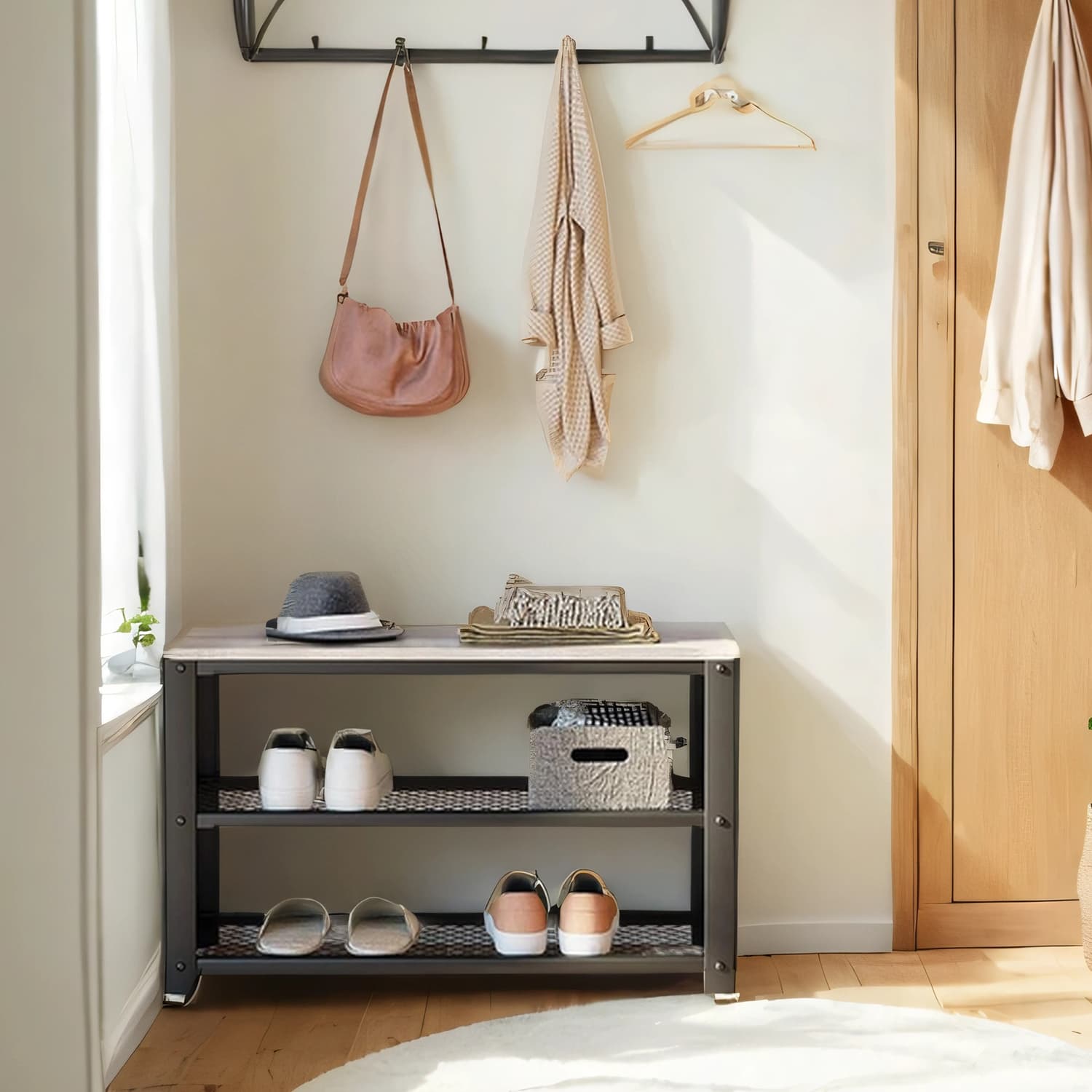 Shoe Bench - Steel - Rustic Brown and Black - 2 Shelves for Entryway Organization