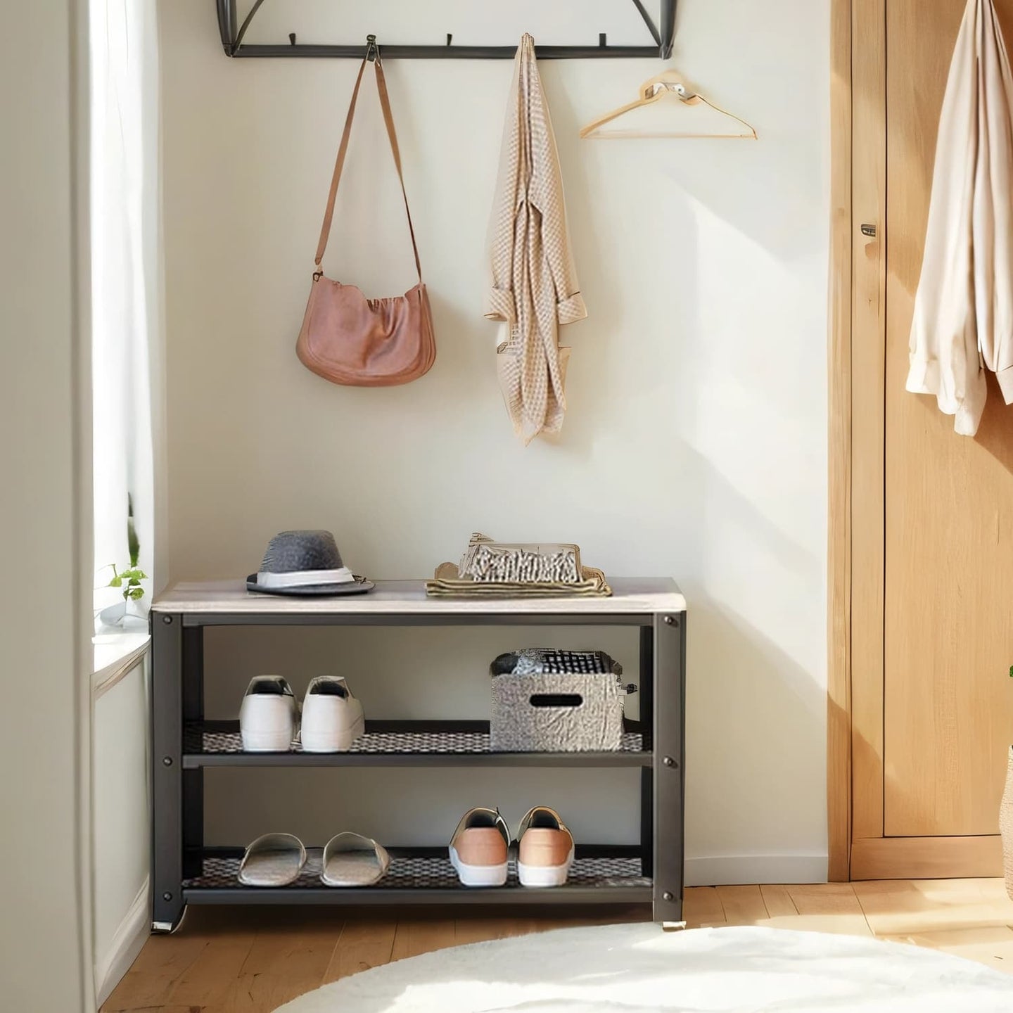 Shoe Bench - Steel - Rustic Brown and Black - 2 Shelves for Entryway Organization